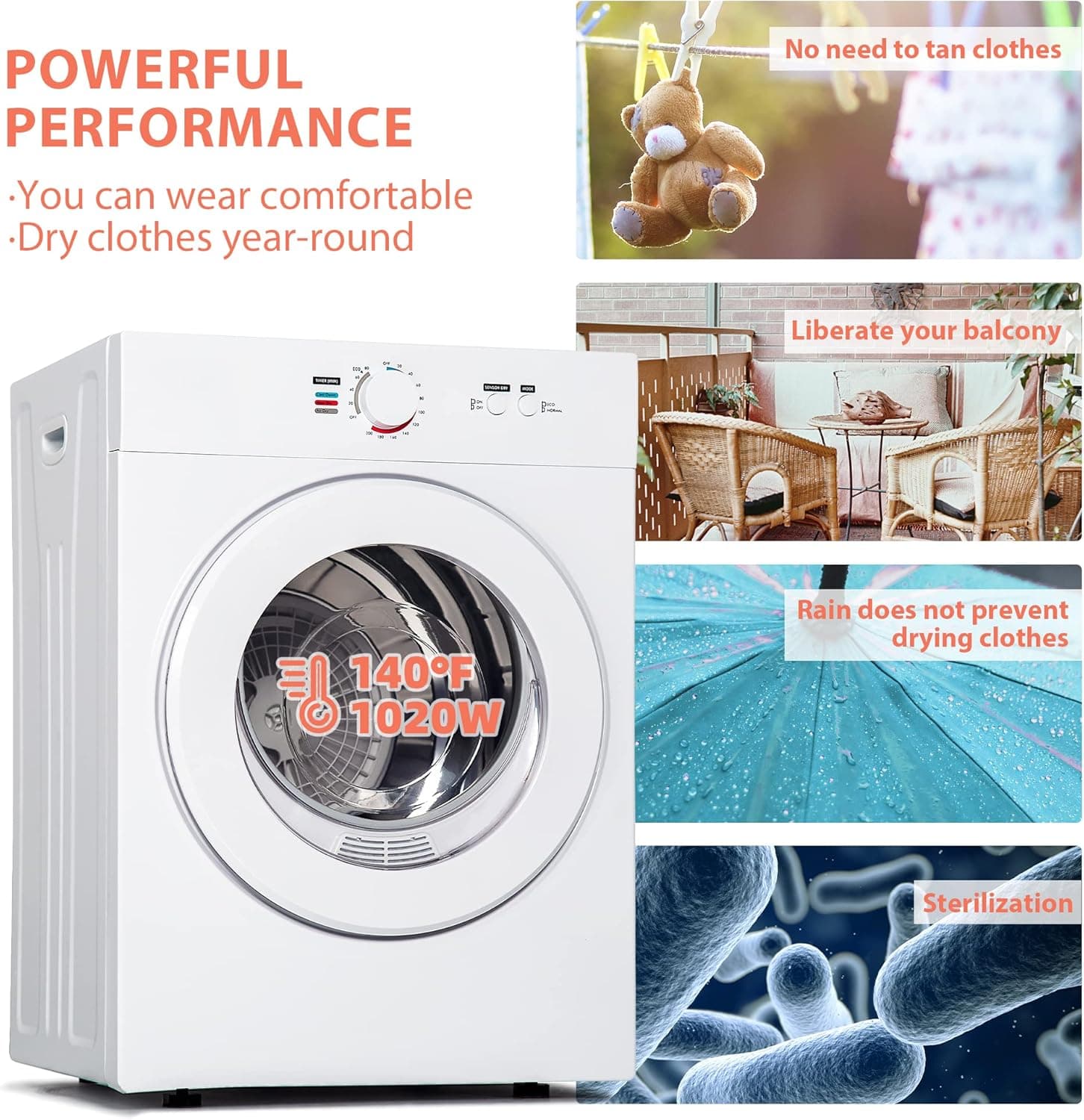 Euhomy Compact Dryer 1.8 cu. ft. Portable Clothes Dryers with Exhaust Duct with Stainless Steel Liner Four Function Small Dryer Machine, Suitable for Apartments, Dorm, RVs, White - Image 5