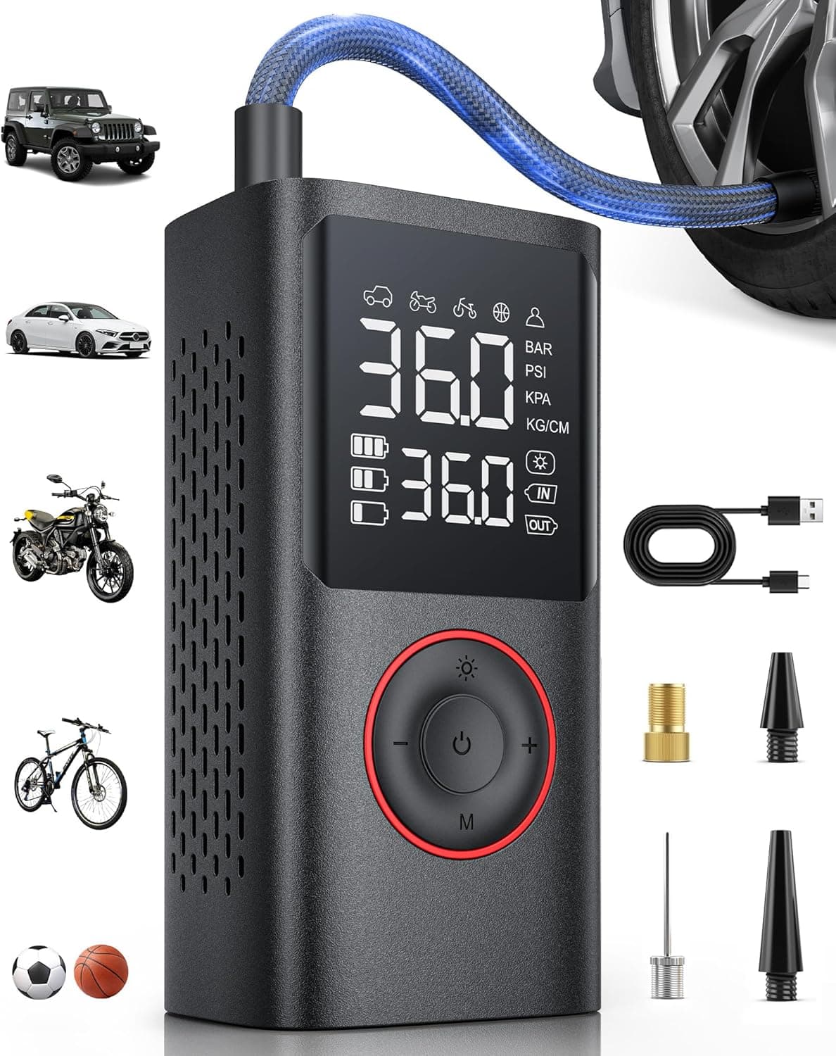 Tire Inflator Portable Air Compressor, 150 PSI Cordless Bike Pump, Air Pump for Auto, Motorcycle, Bicycle, Balls with Pressure Gauge, LED Light & Car Accessories, Black, Standard Capacity Standard Capacity Black - Image 2