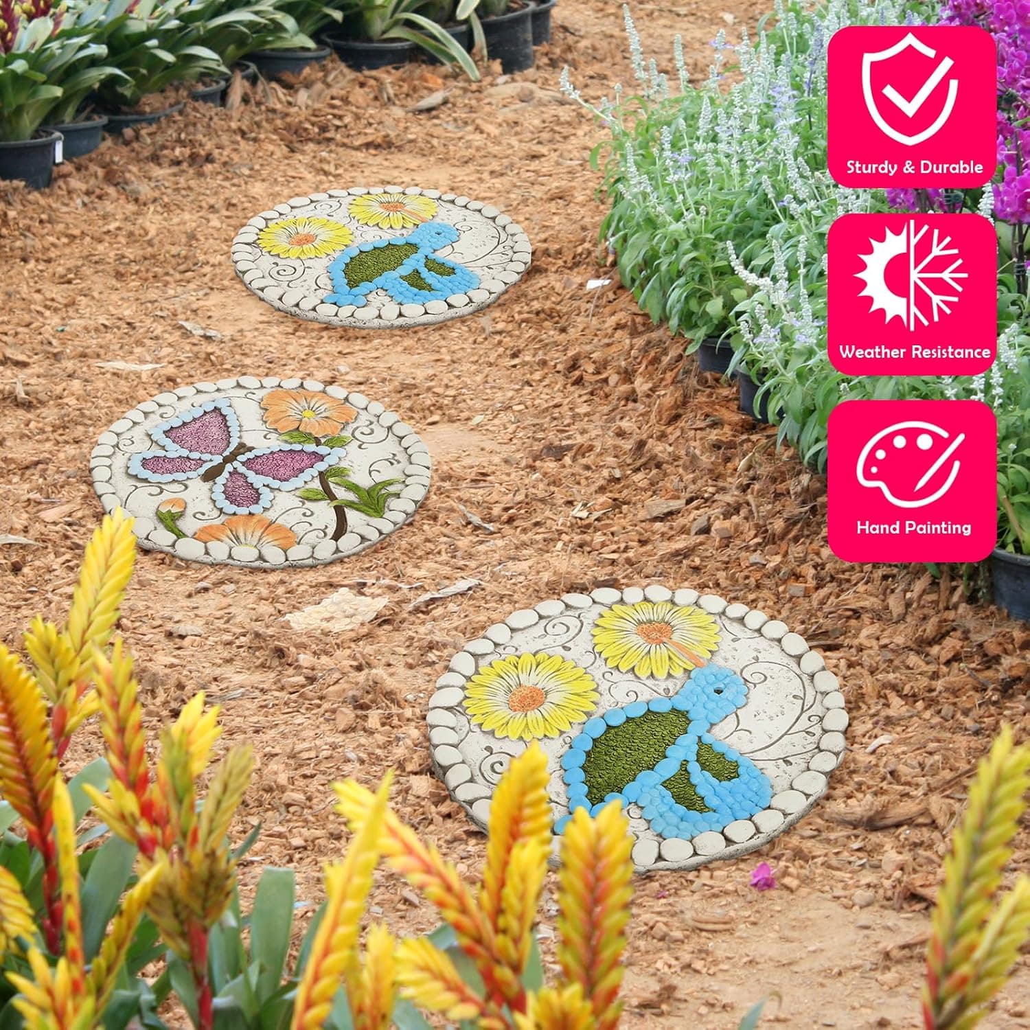 Garden Stepping Stones Set of 2 Butterfly Outdoor Garden Decor 10 inch Round Decorative Stones Pavers for Garden Walkway Landscaping, Hummingbird Gifts (N6-YYD334) 9.8 x 9.8 x 0.6 inches Butterfly Hummingbird - Image 7