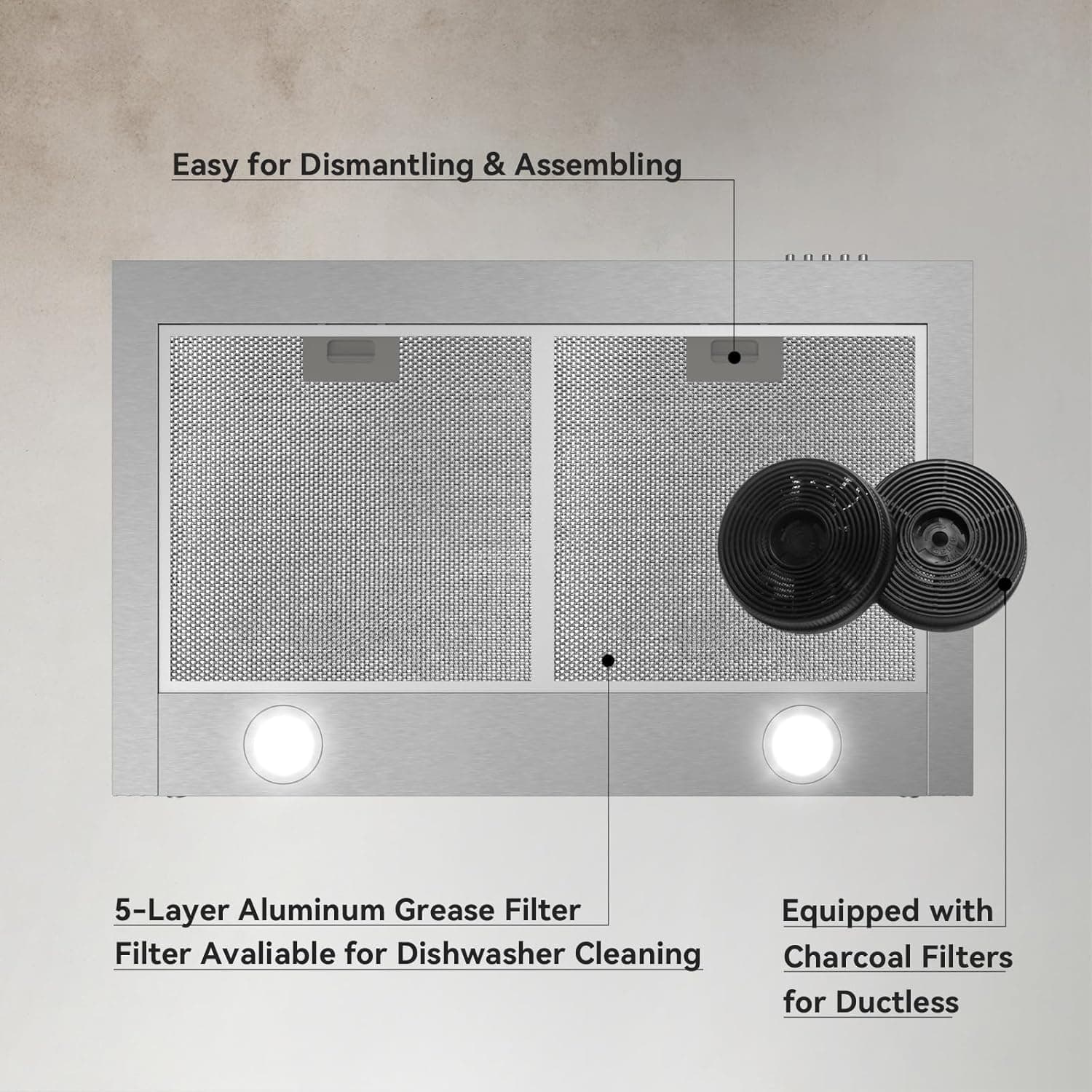 Hermitlux Range Hood 30 inch Stainless Steel, Wall Mount Vent Hood for Kitchen with Charcoal Filter, Ducted/Ductless Convertible Stainless Steel-Modern Design - Image 5