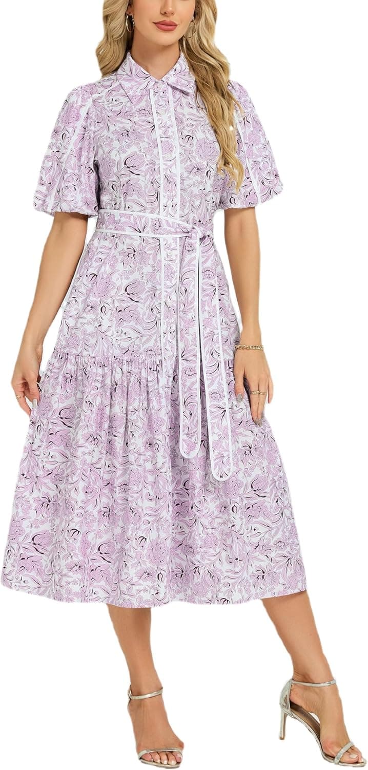 Ladyful Women's Floral Midi Dress Puff Short Sleeve Long Cotton Shirt Dress