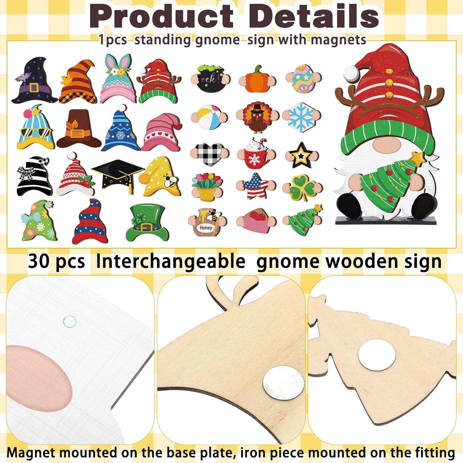 Blulu 32 Pcs Christmas Interchangeable Wooden Gnome Decor DIY Holiday Christmas Seasonal Tiered Tray Decoration Gnomes with Magnet Pieces Welcome Sign for Xmas Holiday Decorations (Cute) - Image 5