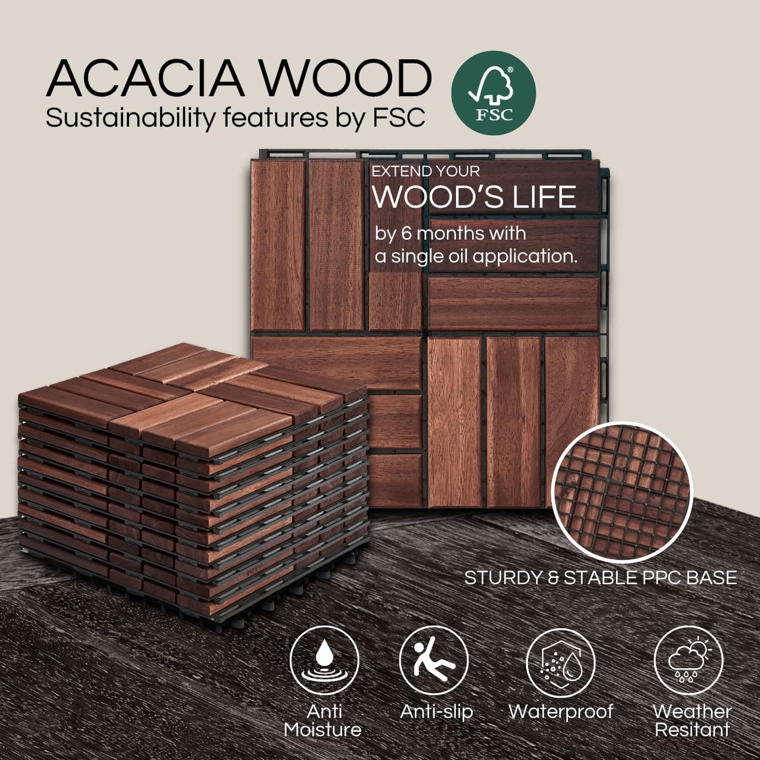 10 Pcs Deck Tiles, Patio Flooring - Outdoor Waterproof Acacia Wood Tiles for All Weather Use - Balcony, Backyard, Indoor & Outdoor (Dark Brown Crossed Pattern, 10 Square Ft) Dark Brown Crossed Pattern 10 Pcs - 10 Square Ft - Image 5
