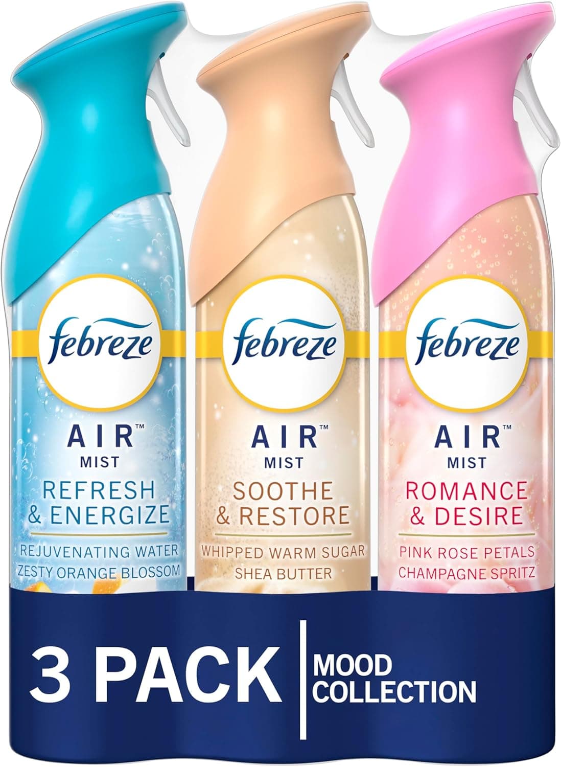 Febreze Air Mist Air Freshener Spray, Odor-Fighting Room Spray for Home and Bathroom and Kitchen, Aerosol Can, Refresh & Energize, Soothe & Restore, Romance & Desire Scent, 8.8oz, 3 Count - Image 2