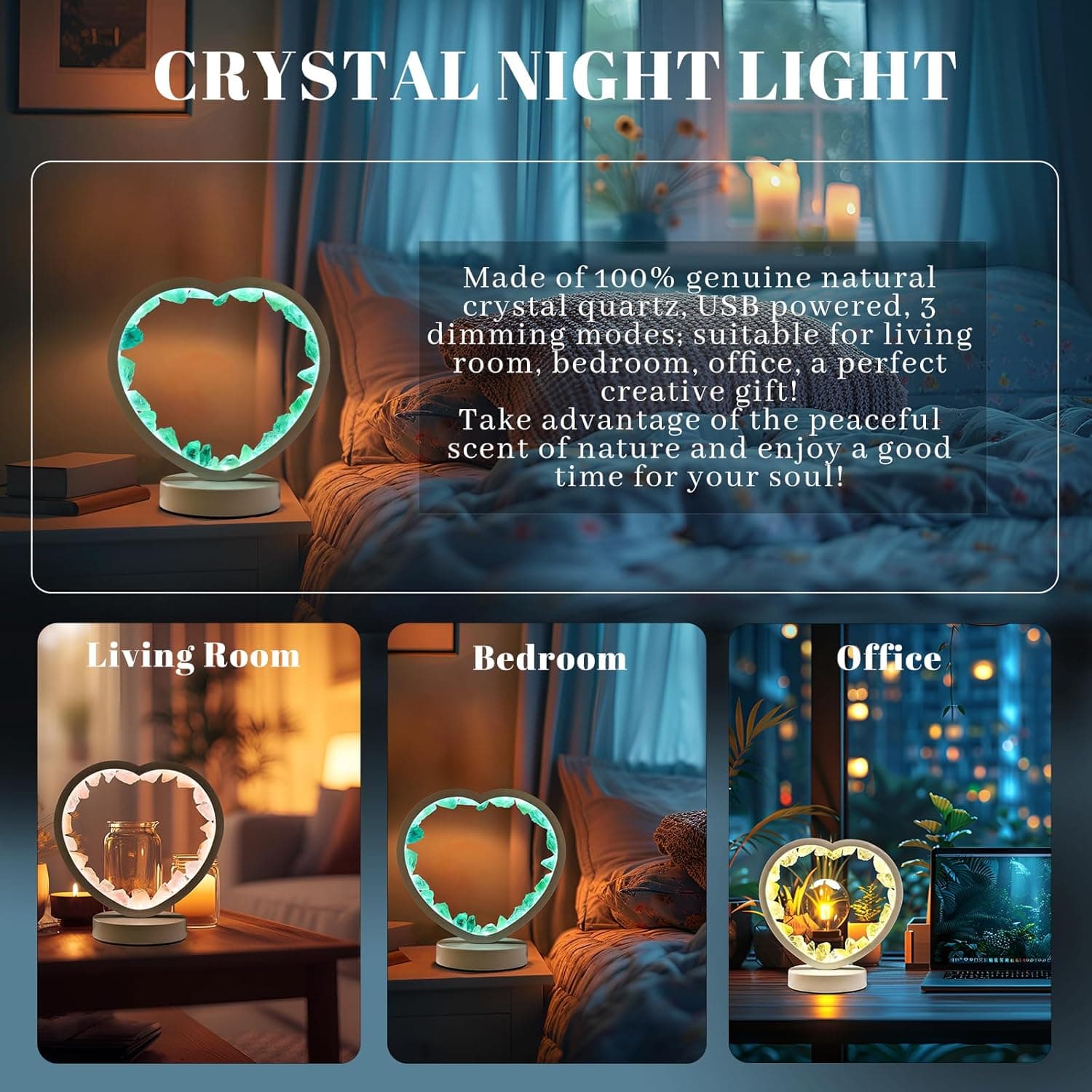 Runyangshi Natural Crystal Night Lamp Heart Shape Bedroom Bedside Sleep Night Light Healing Crystal Gemstone Green Fluorite Light Tri-Color Ambient Light USB Powered for Home Decor Mother's Day Gift Green fluorite Tri-Color light - Image 5