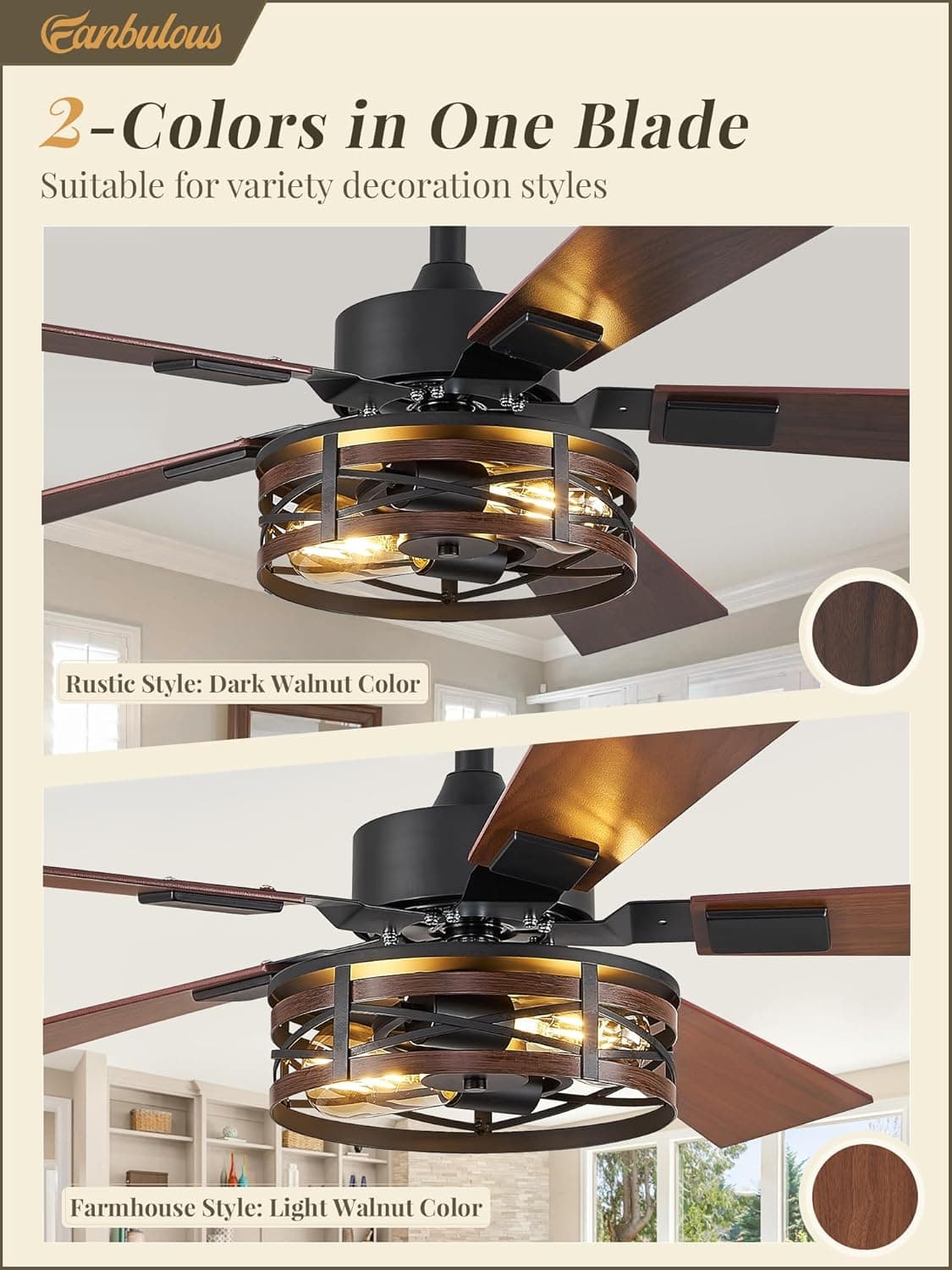 Fanbulous Farmhouse Ceiling Fans with Light, 48 Inch Bedroom Ceiling Fan with Lights, 6-Speed Adjustable, Quiet and Reversible DC Motor, Dual Finish 5 Blades, Rustic Caged Ceiling Fan for Living Room Black and Walnut 48 Inch - Image 4