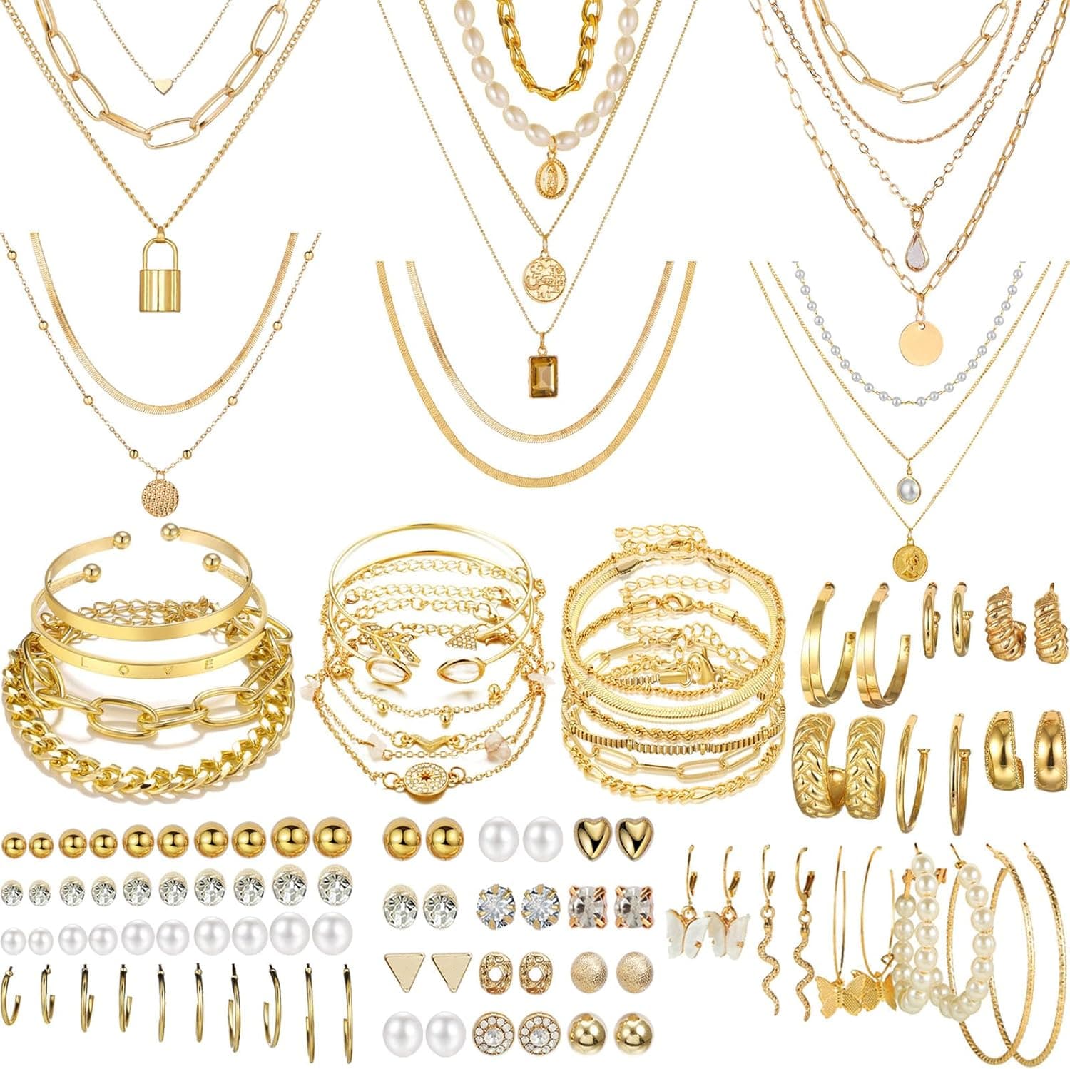 NEWITIN 69 Pieces Gold Jewelry Set for Women Fashion Costume Jewelry Gold Plated Necklace Bracelet Earrings Set for Women - Image 2
