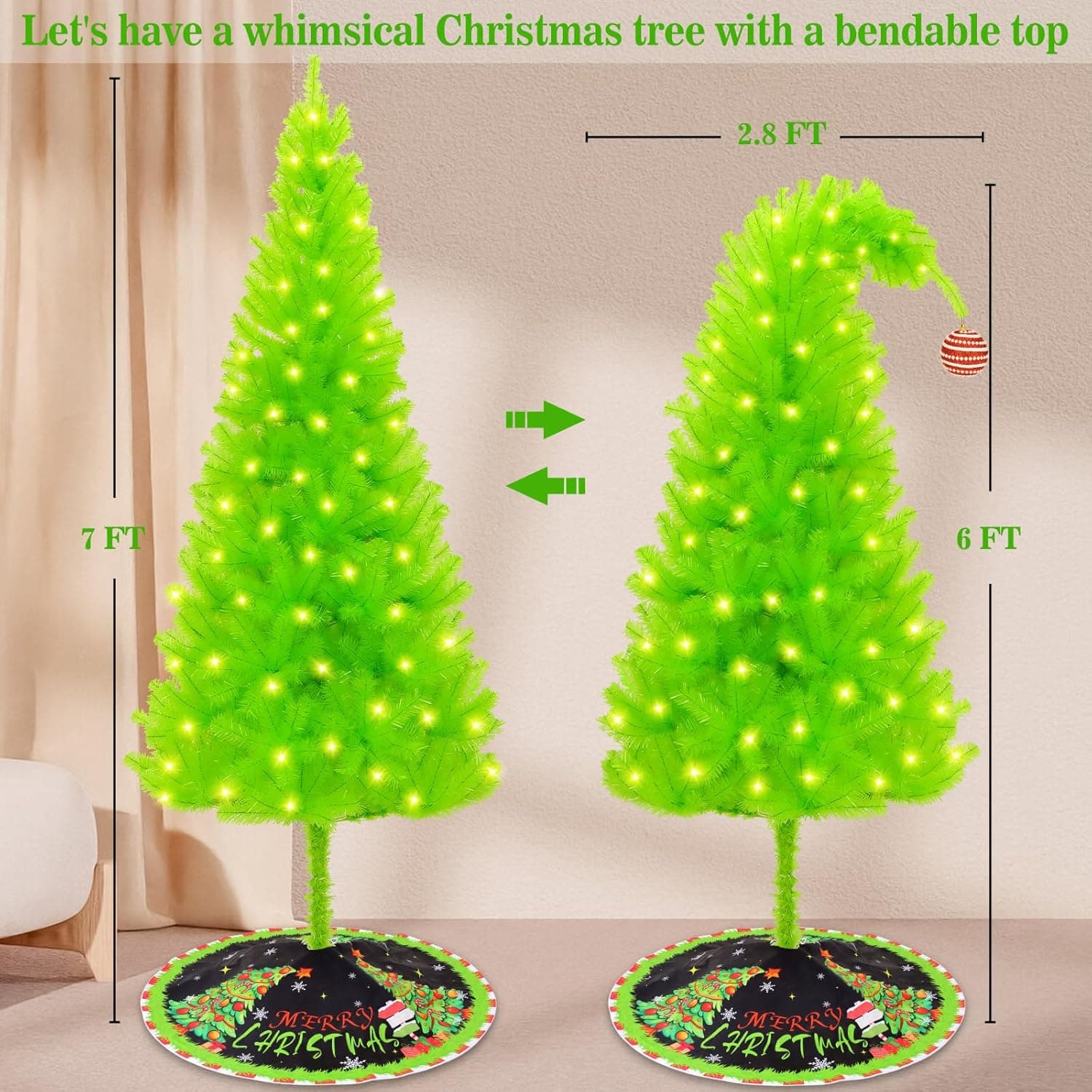 6 FT Grinchie​ Christmas Tree, Top Curved 6ft Upright 7ft Lime Green Xmas Tree with Tree Skirt, Easy Setup Whimsical Artificial Christmas Tree for Christmas Decorations - Image 8