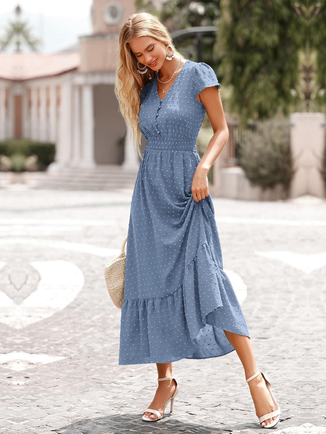 PRETTYGARDEN Womens Dresses 2025 Summer Maxi Dress Boho Short Sleeve V Neck Swiss Dot Ruffle Tiered Smocked Flowy Long Dress Small Z02-grey Blue - Image 5