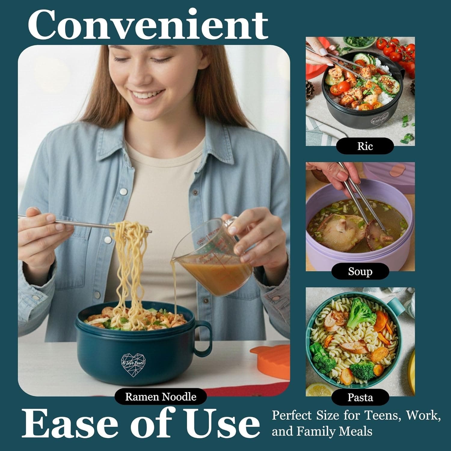 AI LOVE PEACE Ramen Bowl, 40 oz Microwaveable Noodle Cooker for Ramen, Pho, Soup, and Pasta, Dishwasher Safe and Portable, Ideal for Home, Office, Dorm, or Gift (Orange) Orange 40oz,single bowl - Image 7