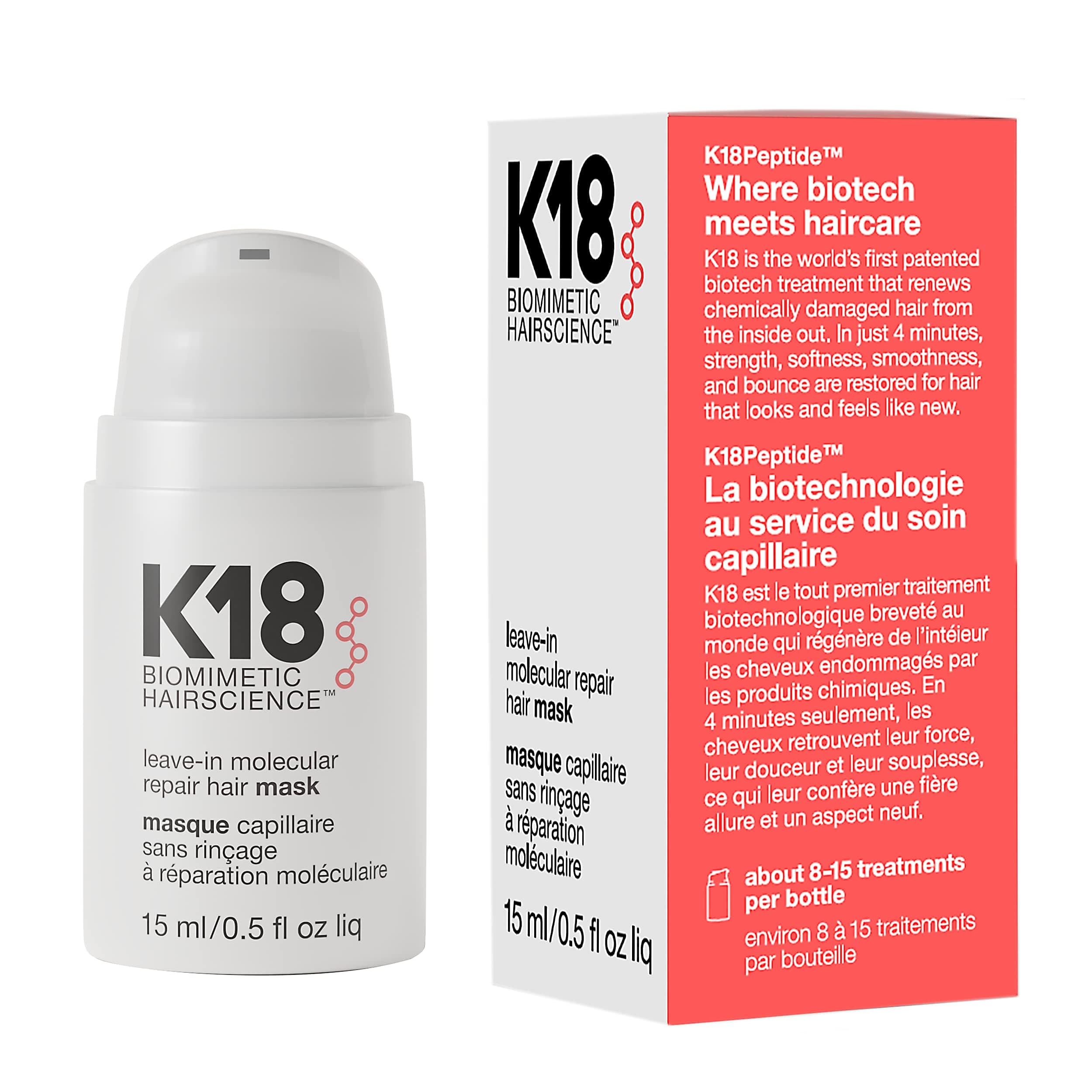 K18 Leave-In Molecular Hair Mask, Repairs Dry or Damaged Hair, Reverse Hair Damage from Bleach, Color, Chemical Services & Heat 0.51 Fl Oz (Pack of 1)