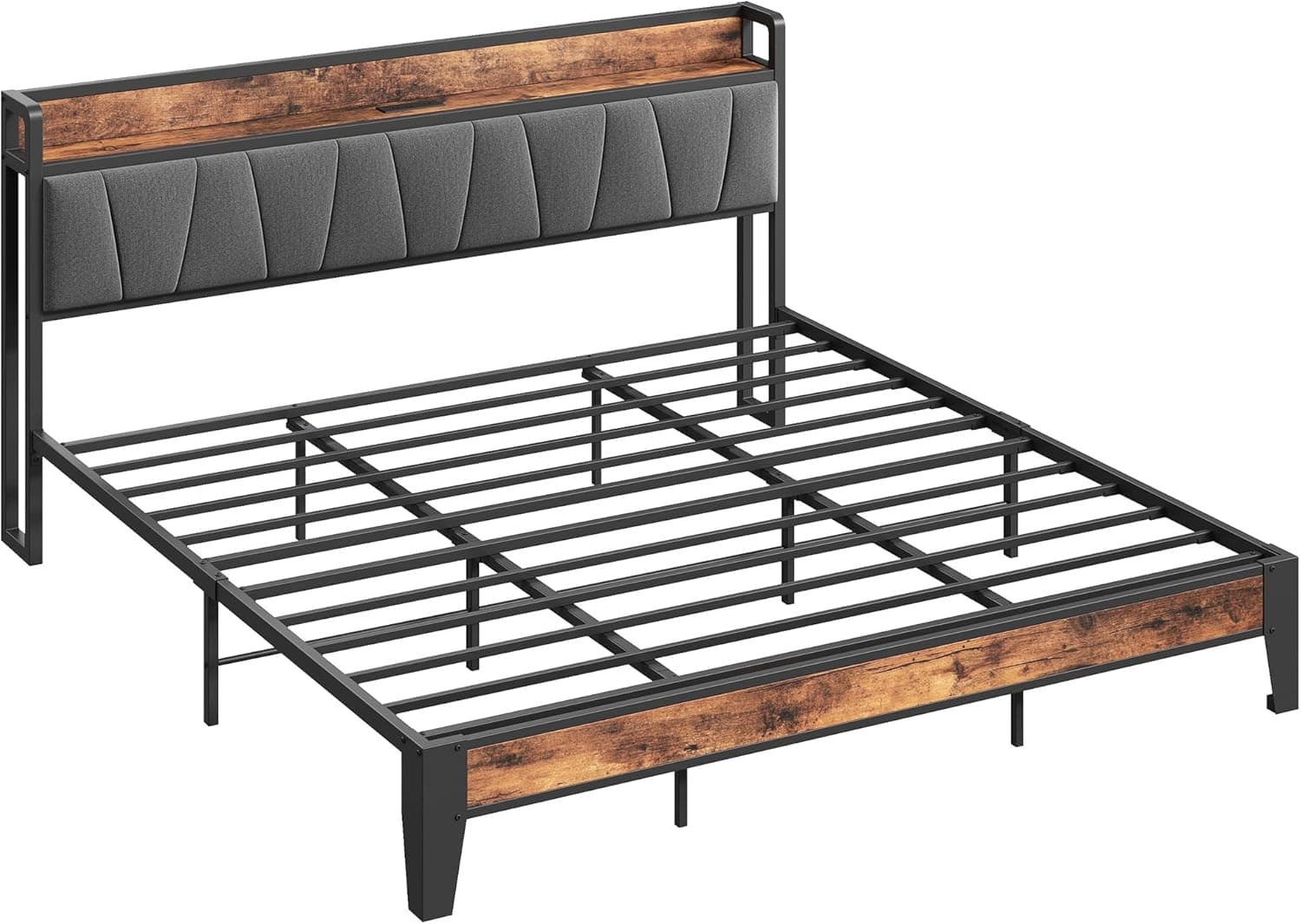 LIKIMIO King Size Bed Frame, Storage Headboard with Charging Station, Solid and Stable, Noise Free, No Box Spring Needed, Easy Assembly King Vintage Brown and Grey - Image 9