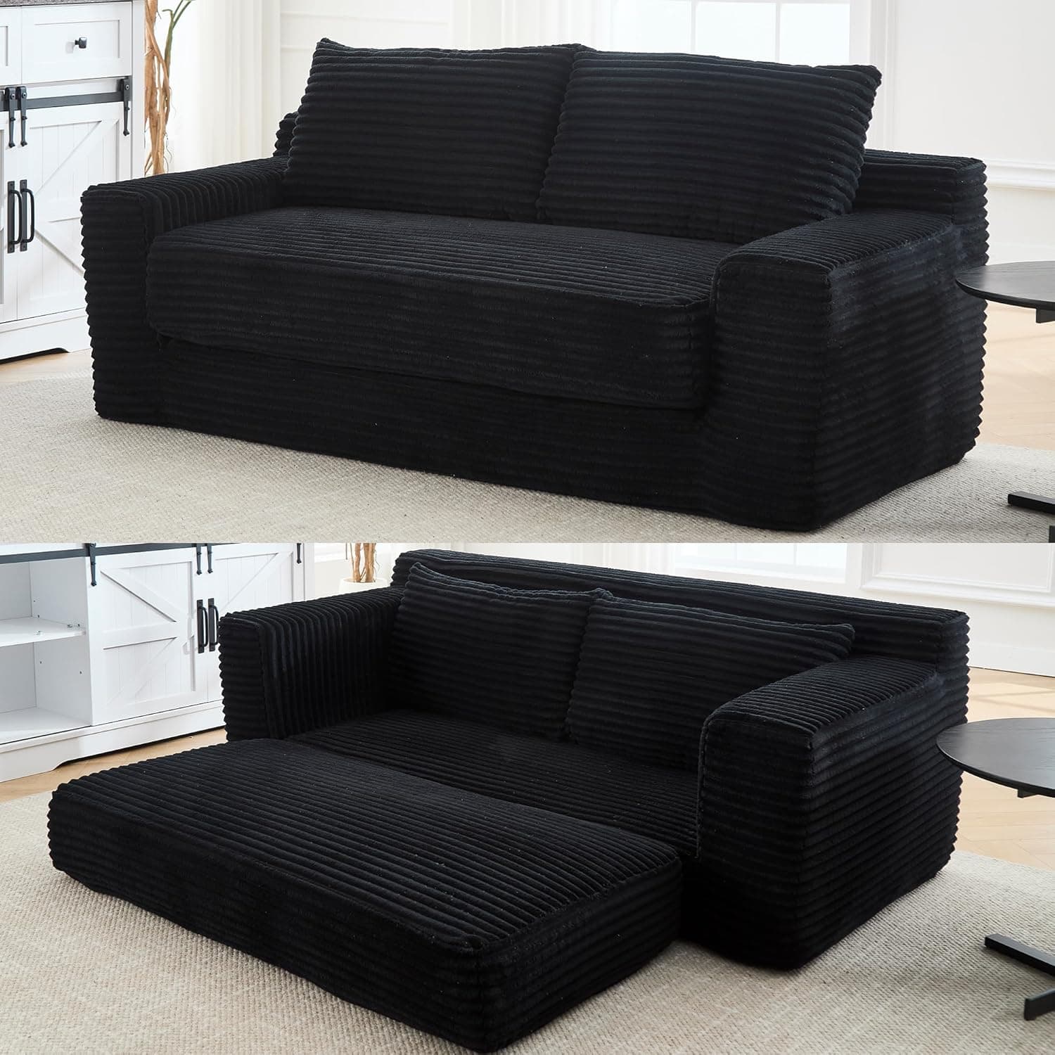 GNIXUU Corduroy Cloud Loveseat Sofa, 2 in 1 Convertible Black Boneless Sleeper Sofa with Fixed-Shape Frame, Comfy Folding Love Seat Couches for Living Room, Apartment, Small Spaces - Image 2