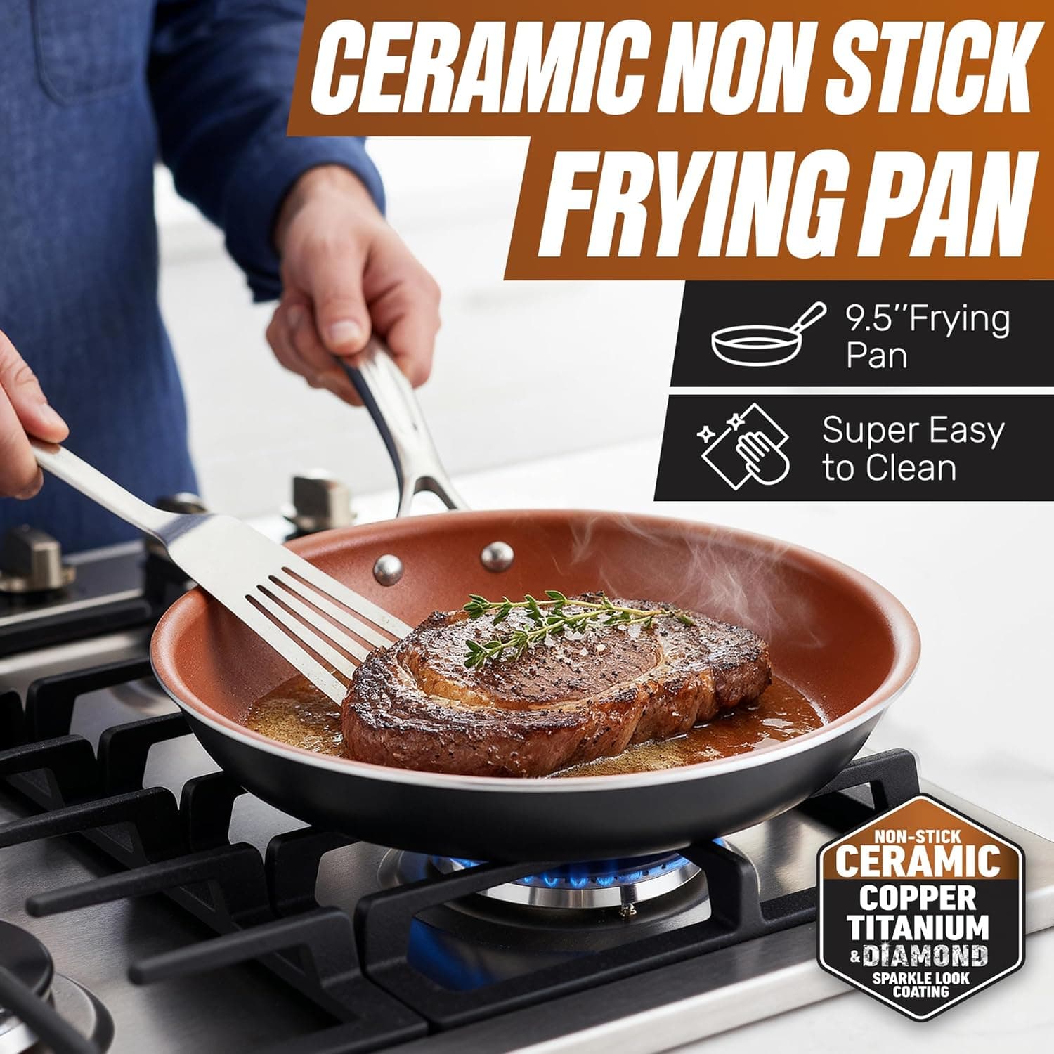 Gotham Steel 12 Pc Ceramic Cookware Set Nonstick, Ceramic Pots and Pans Set Non Stick with Steamer for Cooking, Non Toxic PFOA PFOS Free, Ergonomic Stay Cool Handles, Oven & Dishwasher Safe, Copper 12 Piece Set - Image 5