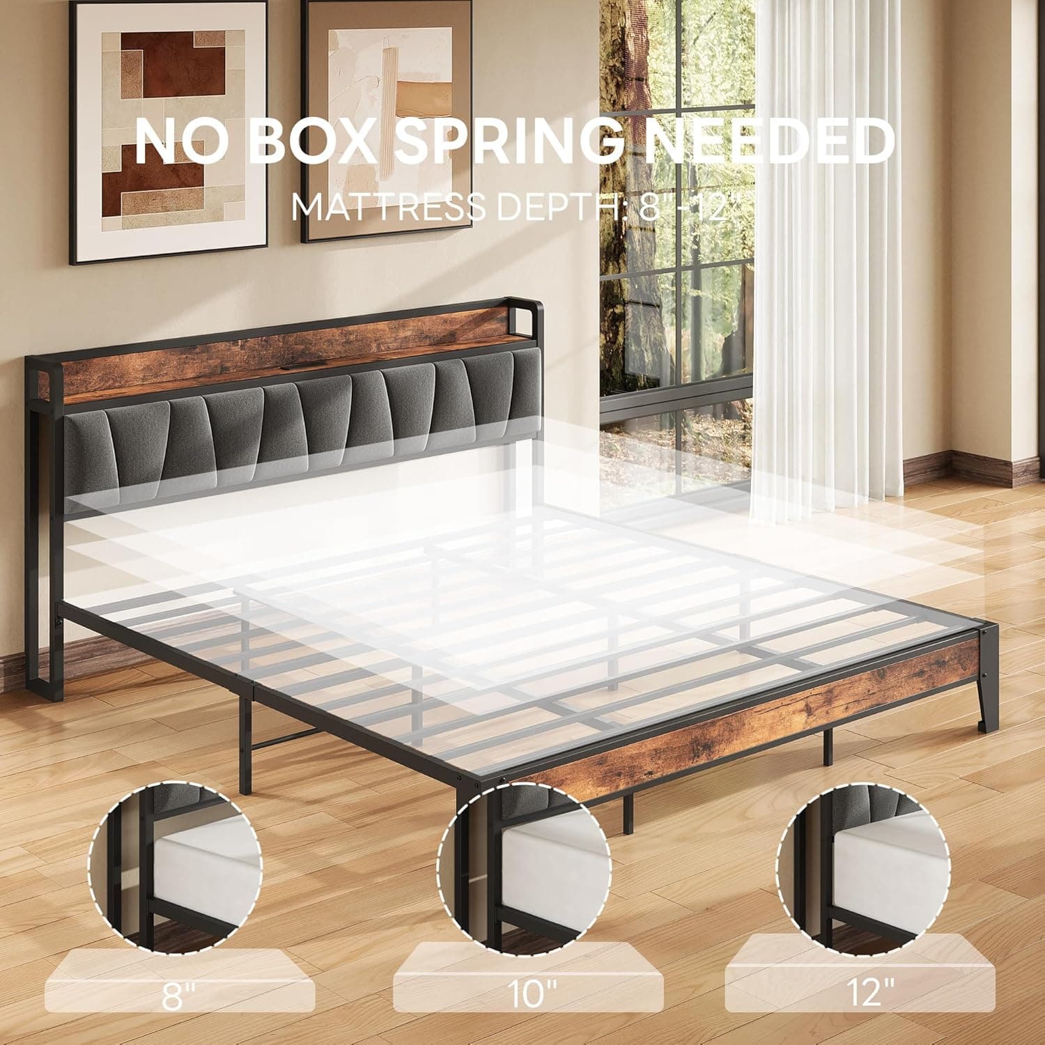 LIKIMIO King Size Bed Frame, Storage Headboard with Charging Station, Solid and Stable, Noise Free, No Box Spring Needed, Easy Assembly King Vintage Brown and Grey - Image 5
