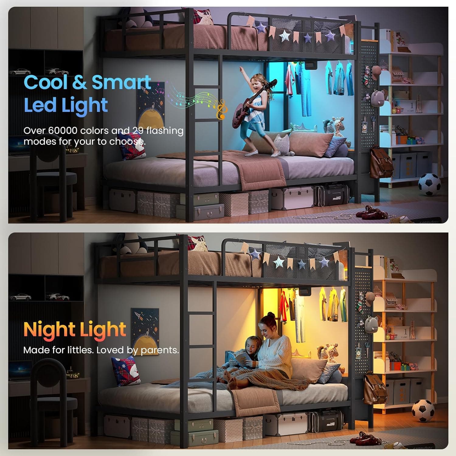 Itaar Metal Bunk Bed Twin Over Twin with Hall Tree, Power Outlet, LED Bunk Bed with 4 Storage Drawers, Bed with Safety Guardrail & Ladders, No Box Spring Needed, Easy Assembly, Rustic Brown Twin Rustic Brown - Image 8