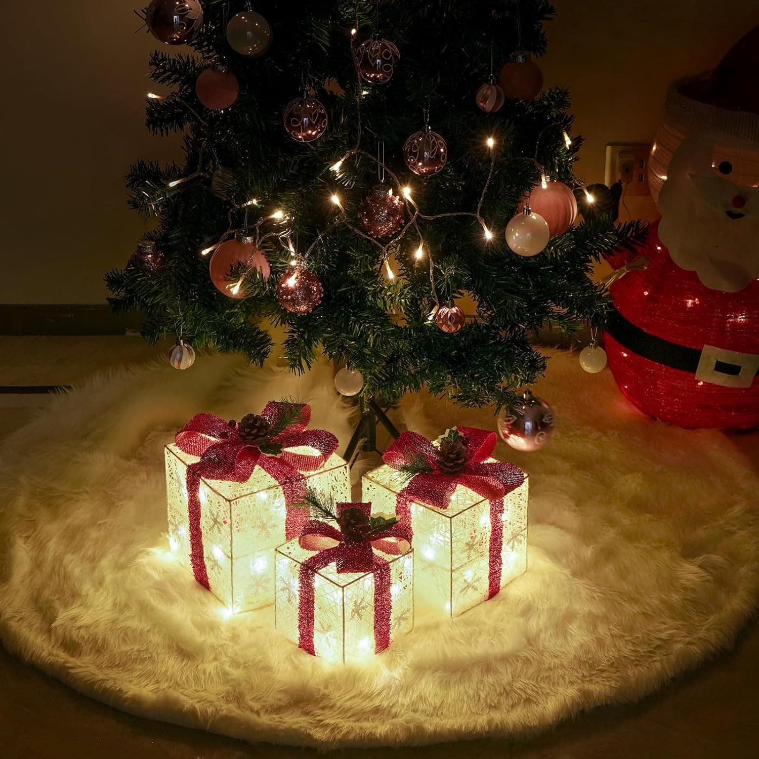 Christmas Decorations, Set of 3 Christmas Lighted Gift Boxes, Battery Operated Xmas Present Boxes, Warm White LED with Bows for Indoor Christmas Tree, Yard, Home Decor 1.red bow - Image 3