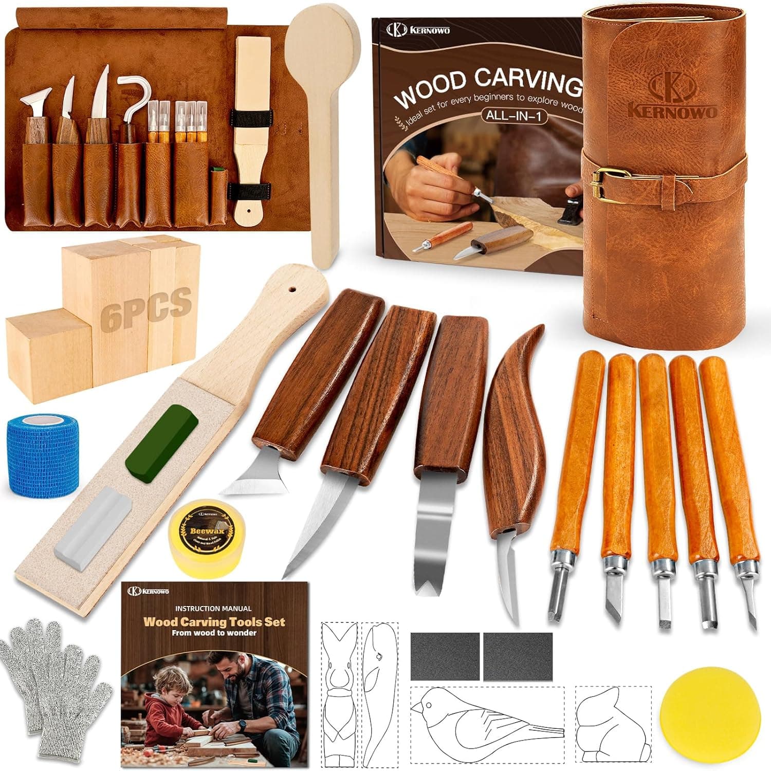 Wood Carving Kit, 32Pcs Wood Carving Tools with PU Storage Bag, Wood Whittling Knife Kit with 4pcs Templates & 11pcs Wood Carving Knives for Wood DIY Beginners - Image 2