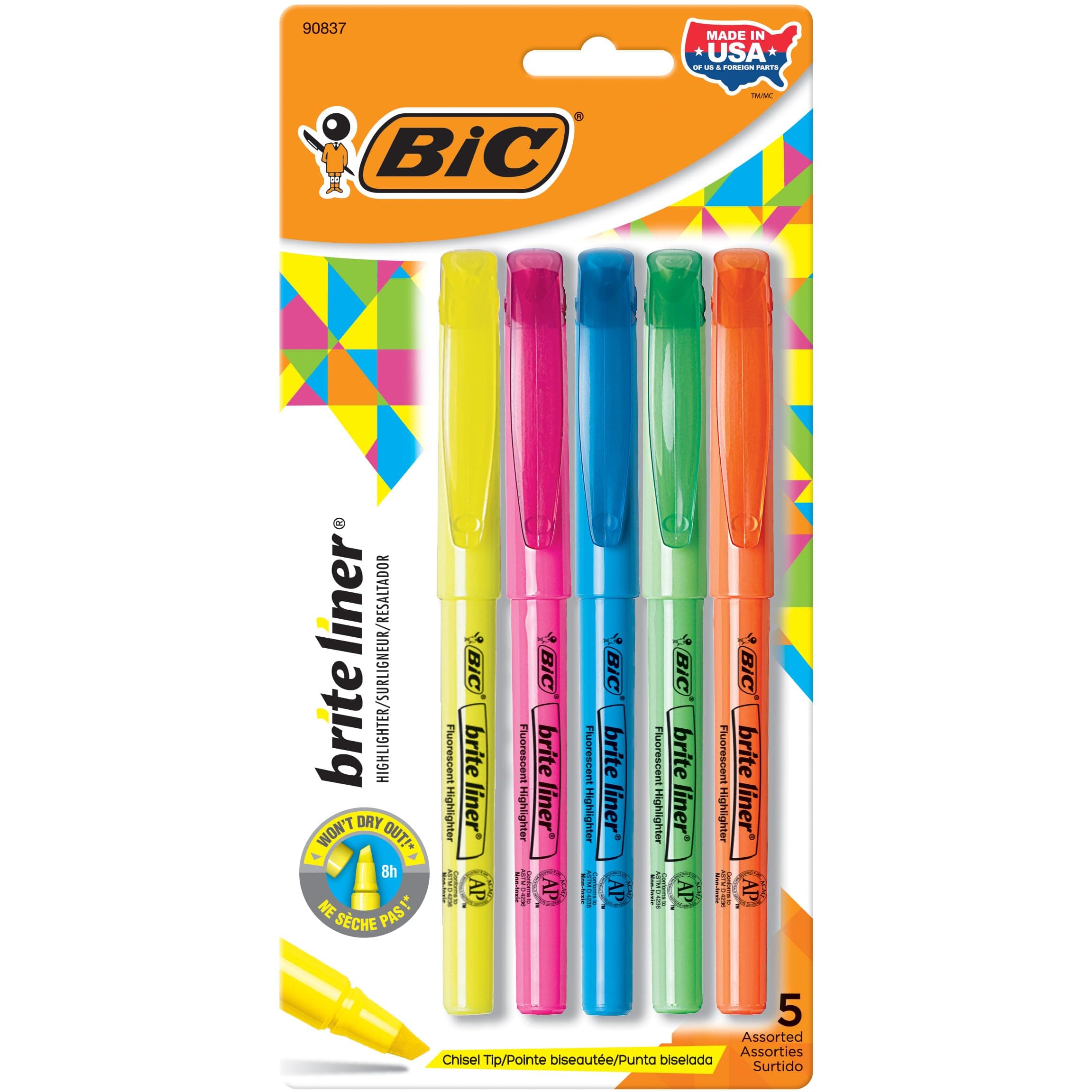 BIC Brite Liner Highlighters, Chisel Tip, 5-Count Pack of Highlighters Assorted Colors, Ideal Highlighter Set for Organizing and Coloring Assorted Ink Colors 1 Count (Pack of 5)