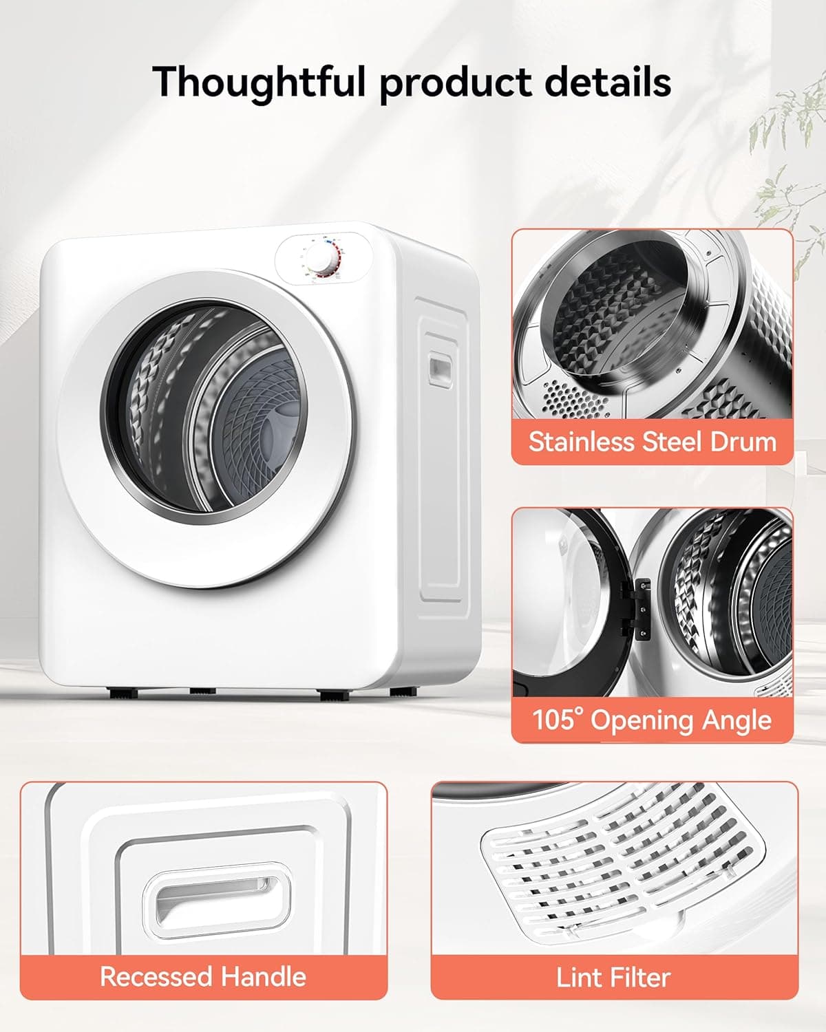 Euhomy Portable Clothes Dryer, 1.5 Cu.Ft. Portable Dryer, 850W Drying Machine with Front-Loading Stainless Steel Drum, 5 Functions, Suitable for Apartments, Dorms, RVs, Small Spaces 1.5 cu. ft. - Image 6