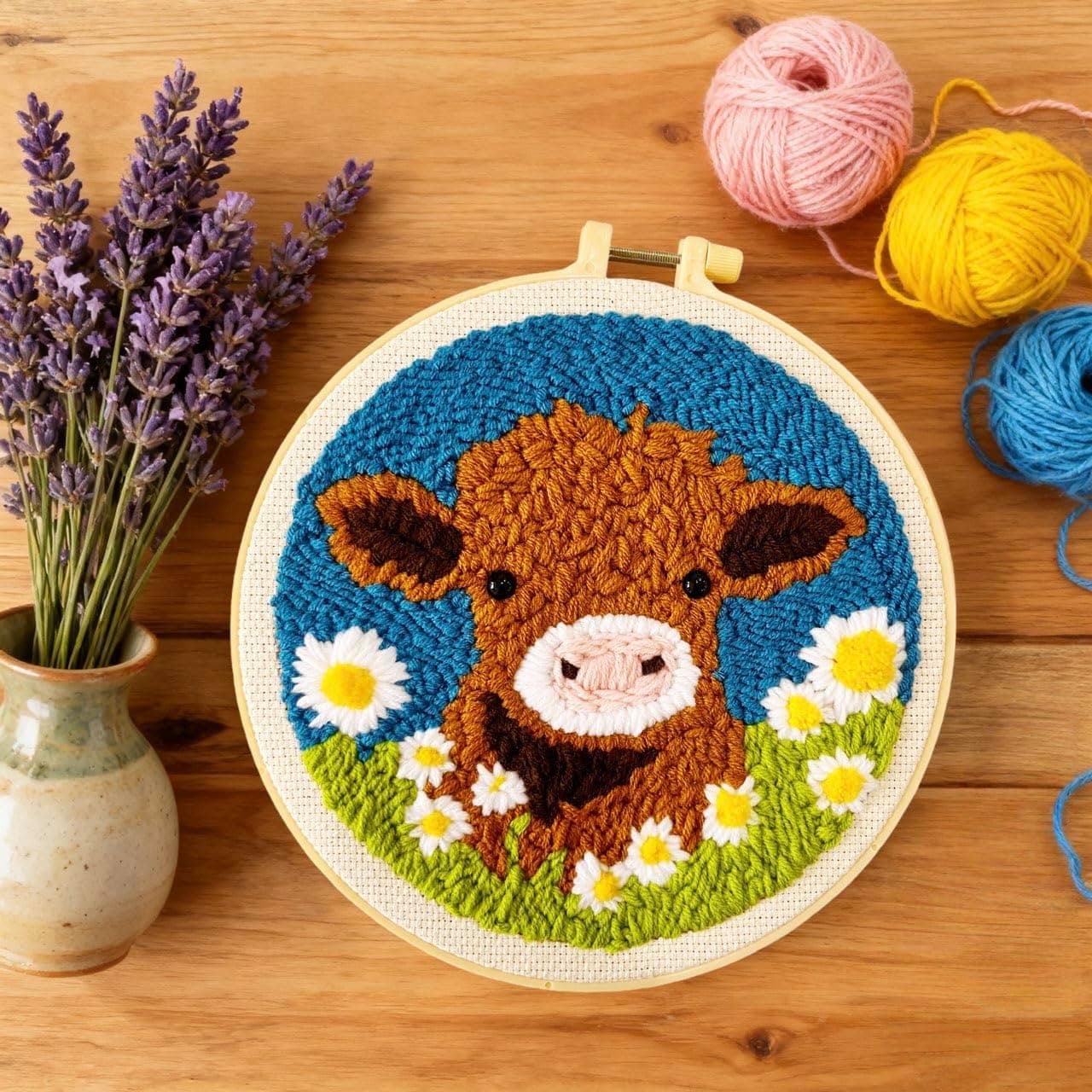 DIY Punch Needle Kits for Beginners Cute Cartoon Highland Cow with Daisy Flower with Hoop Embroidery Punch Needle Starter Craft Set Easy for Adults and Children Festival Gift and Decoration 20x20cm-1 01-Highland Cow - Image 4