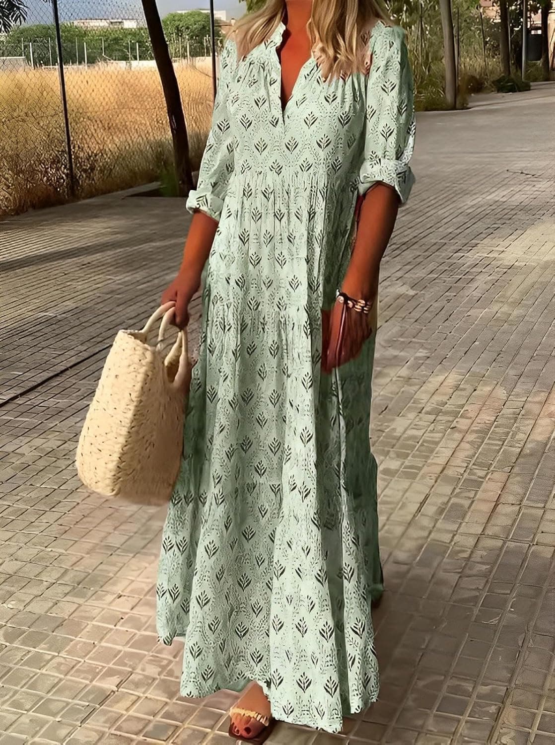 Boho Maxi Dress for Women 2025 Trendy Long Sleeve Floral Dress Tiered Flowy Dress Loose Spring Long Dresses Green Medium - Image 3