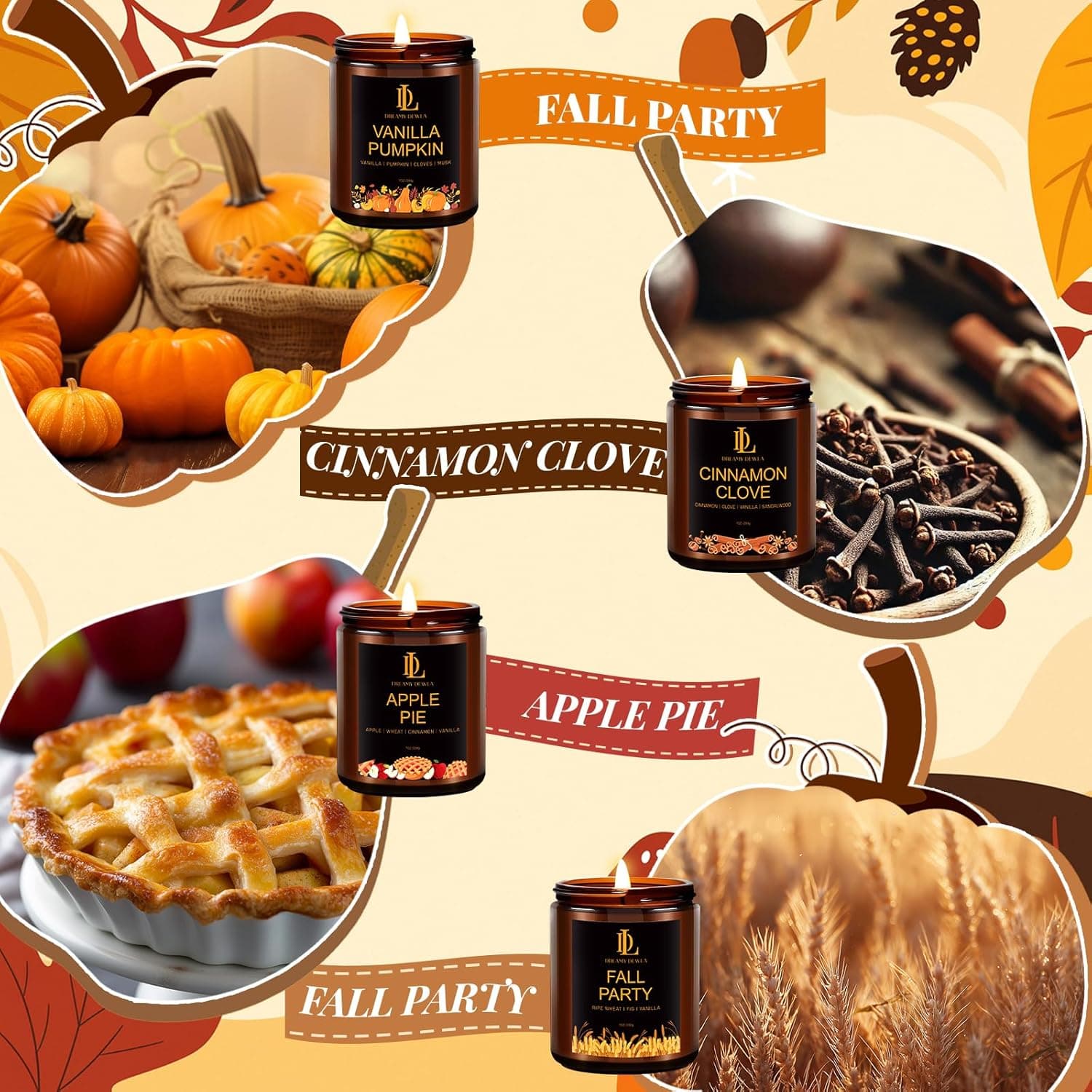 秋季蜡烛套装，适合家庭的秋季香氛蜡烛，4件装大豆蜡烛套装，适合男女的秋季礼物，香气包括香草南瓜/肉桂丁香/苹果派/秋季派对 - Image 3
