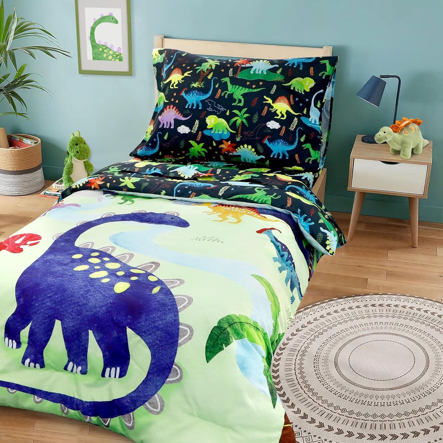 4 Piece Toddler Bedding Set, Ultra Soft and Breathable Cartoon Dinosaur Toddler Comforter Sets for Boys Includes Quilted Comforter, Fitted Sheet, Flat Sheet and Pillowcase - Image 6