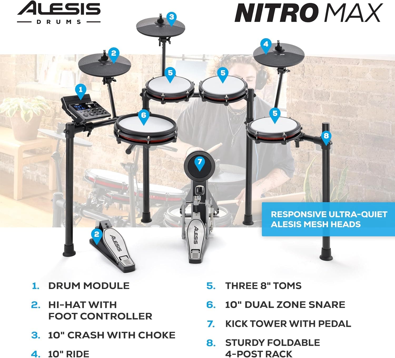 Alesis Nitro Max Kit Electric Drum Set with Quiet Mesh Pads, 10" Dual Zone Snare, Bluetooth, 440+ Authentic Sounds, Drumeo, USB MIDI, Kick Pedal Drum Set only - Image 5