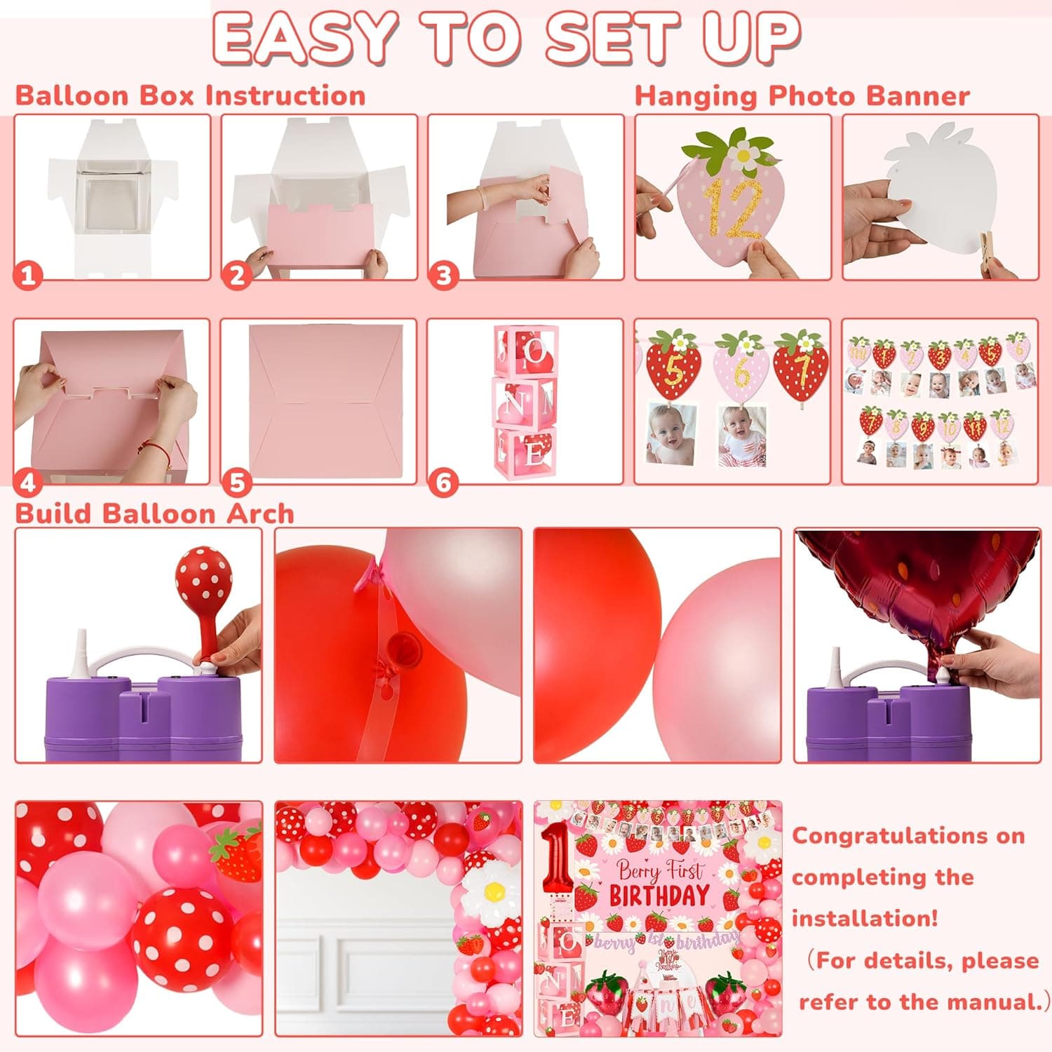 Berry First Birthday Decor Strawberry 1st Birthday Decorations for Girls with Balloon Arch, Highchair Banner Strawberry Theme Backdrop, Photo Banner, Cake Topper Pink - Image 8