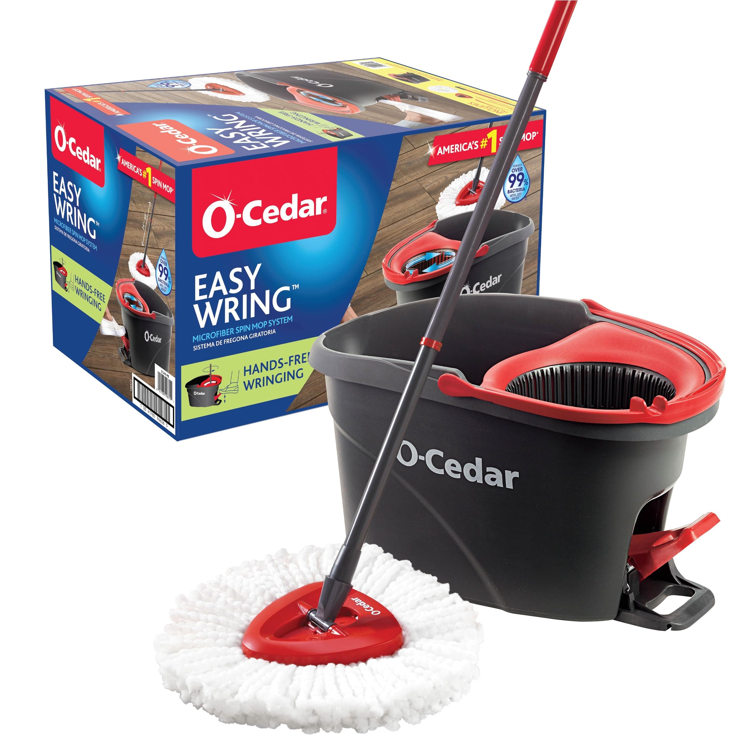 O-Cedar EasyWring Microfiber Spin Mop, Bucket Floor Cleaning System, Red, Gray, Standard Easywring Spin Mop & Bucket