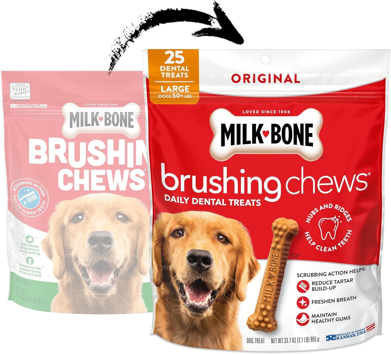 Milk-Bone Brushing Chews Sabor Original a Pollo Golosinas Dentales Diarias para Perros, Grande, 33.7 Oz. Bolsa 25 Contenido (Paquete de 1) - Image 2