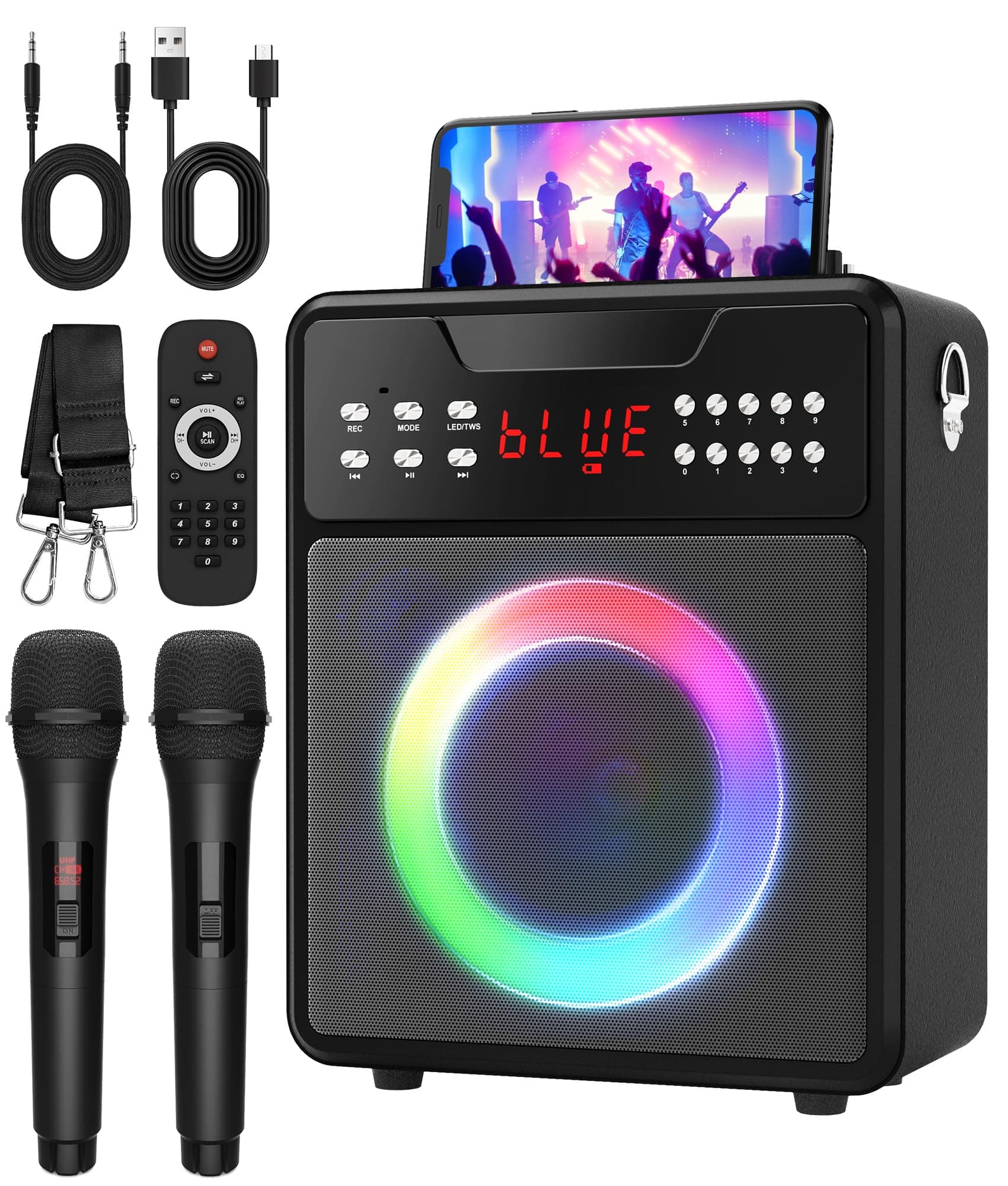 Máquina de Karaoke para Adultos, Altavoz Bluetooth Portátil con 2 Micrófonos Inalámbricos y Show de Luces, Altavoz de Karaoke con Graves y Agudos, Soporta TWS, USB, FM, REC, AUX in, Tarjeta TF para Fiesta/Reunión Negro