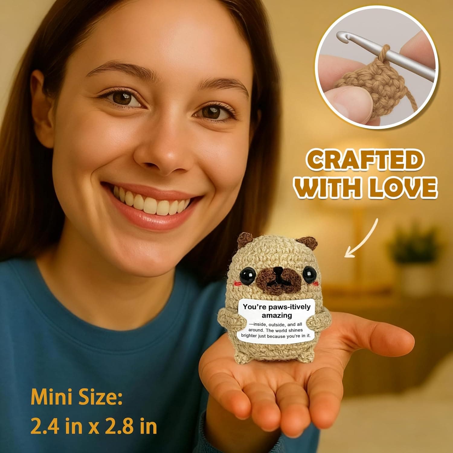 Pug Gifts for Pug Lovers, Cute Positive Animals Crochet Dog Decor, Encouragement Inspirational Appreciation Thank You Gift for Friends, Coworkers, Women, Men Amazing - Image 4