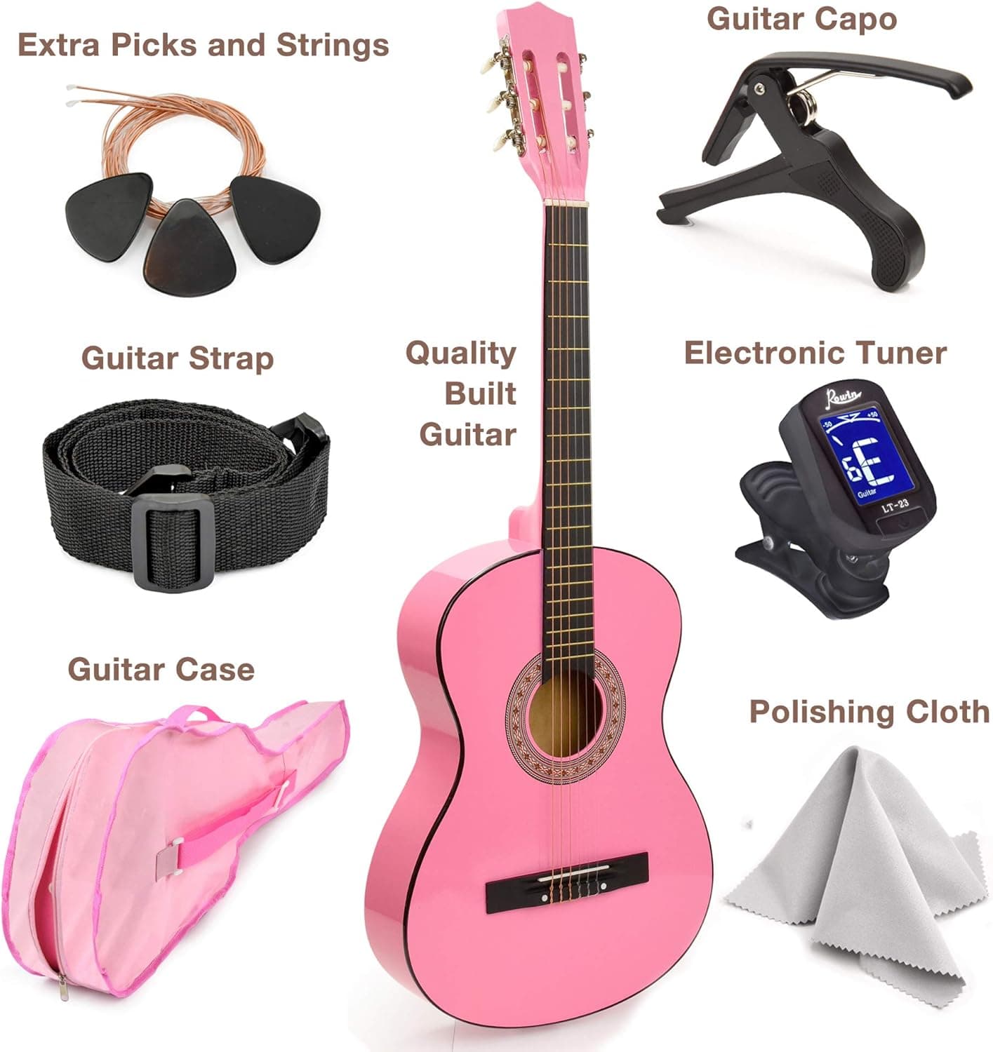 30" Wood Classical Guitar with Case and Accessories for Kids/Girls/Boys/Beginners (Pink) Right Pink - Image 2