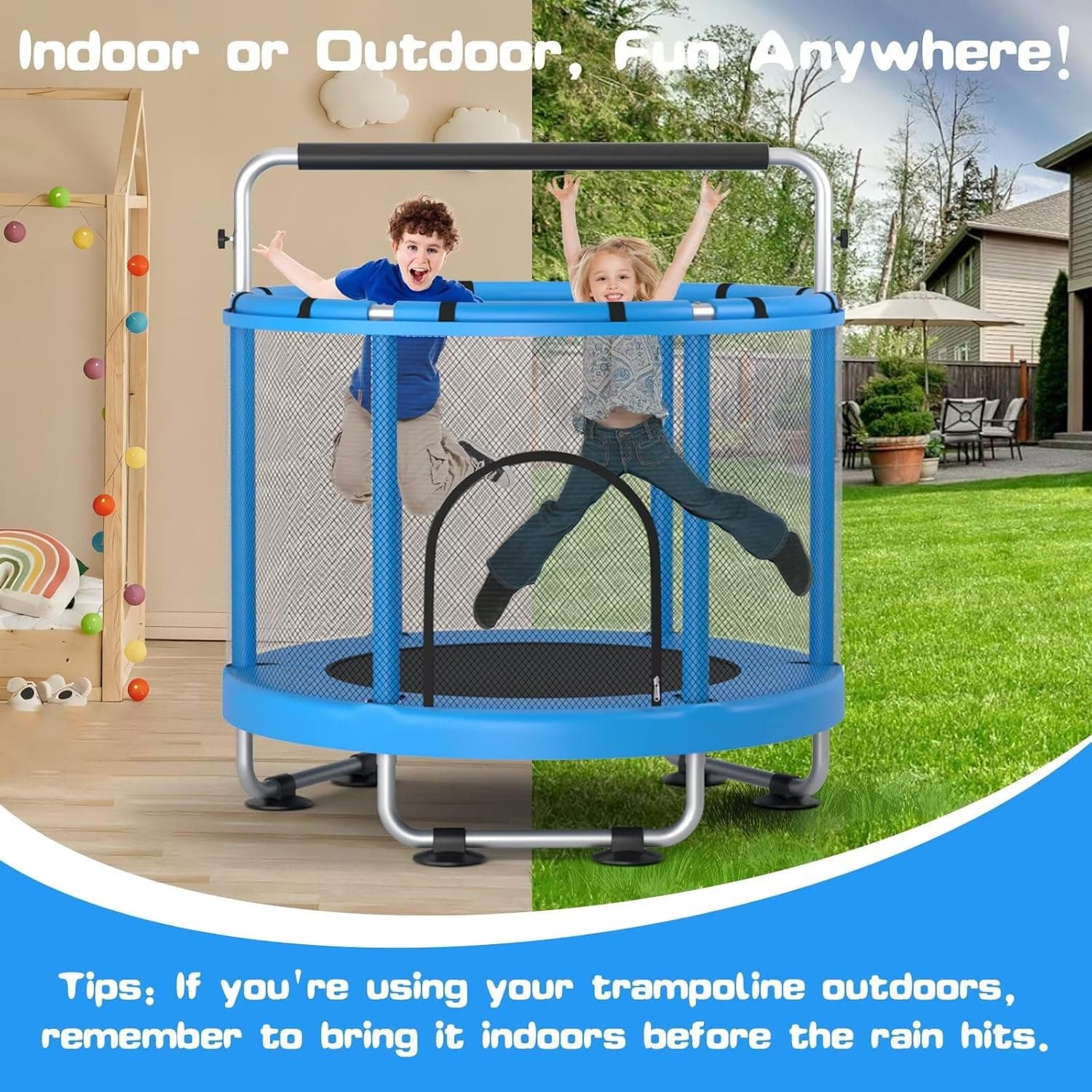 55" Trampoline for Kids with Enclosure, 440lbs Capacity Indoor & Outdoor Toddler Trampoline with Adjustable Gymnastics Bar & Toys, for Boys & Girls Blue - Image 6