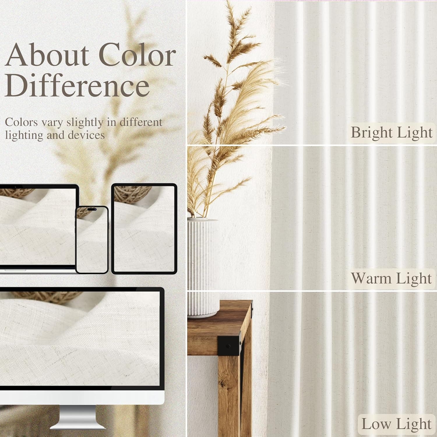 Cream Linen Back Tab Curtains 84 Inch Length for Living Room 2 Panel Set Neutral Modern Farmhouse Window Privacy Semi Sheer Linen Drapes Rustic Pinch Pleated Look Curtain Natural Ivory Colored 52"W x 84"L (Pack of 2) Natural - Image 5