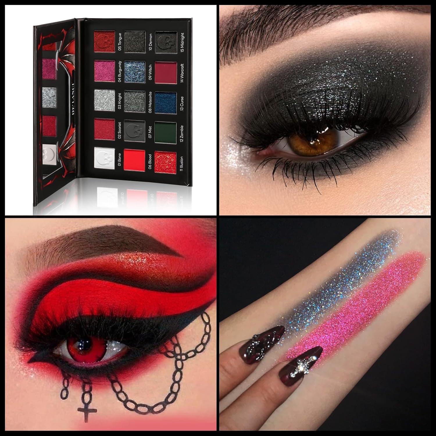 DE'LANCI Red Black Goth Eyeshadow Palette, Red Eyeshadow Goth Makeup Palette, Gray Silver Shimmer Glitter Eye shadow Pallet, Burgundy Eye Shadow for Vampire Clown Halloween Makeup,High Pigment,Vegan - Image 5