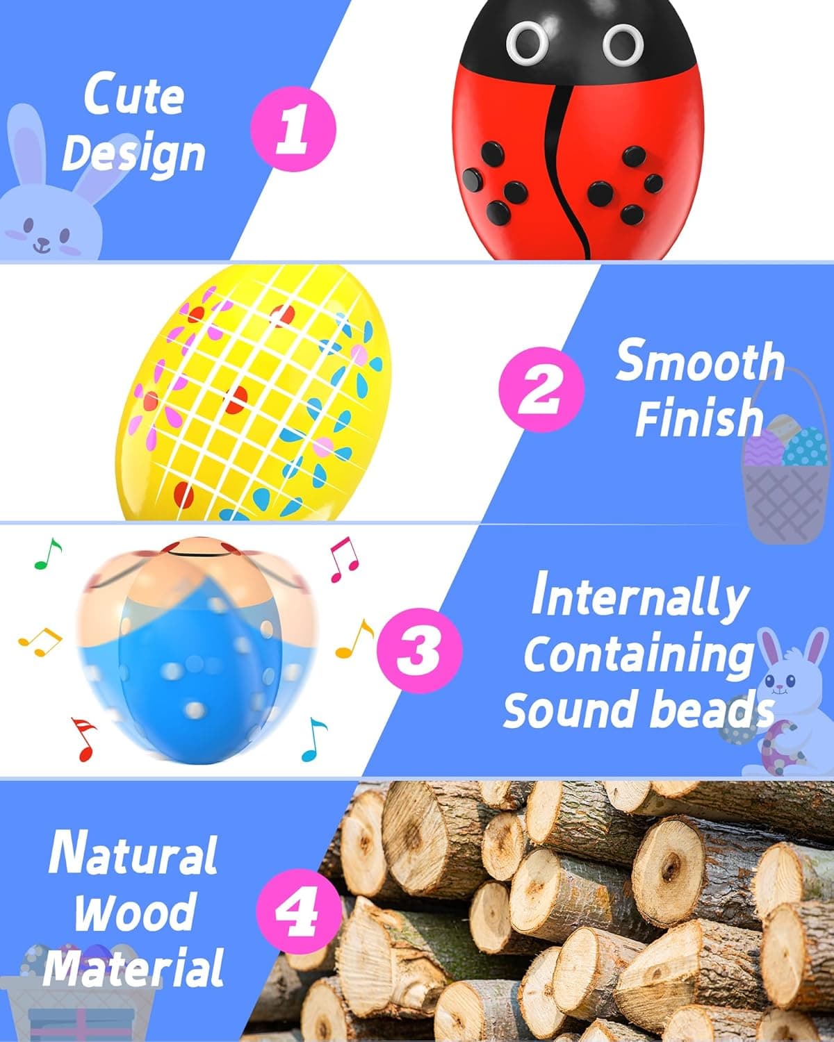 6 Pack Wooden Percussion Musical Shaker, Toddlers Stocking Stuffers, Baby Christmas Stocking Easter Basket Stuffers Egg Fillers Easter Gifts Montessori Toys for Kids Boys Girls 6 pcs - Image 6