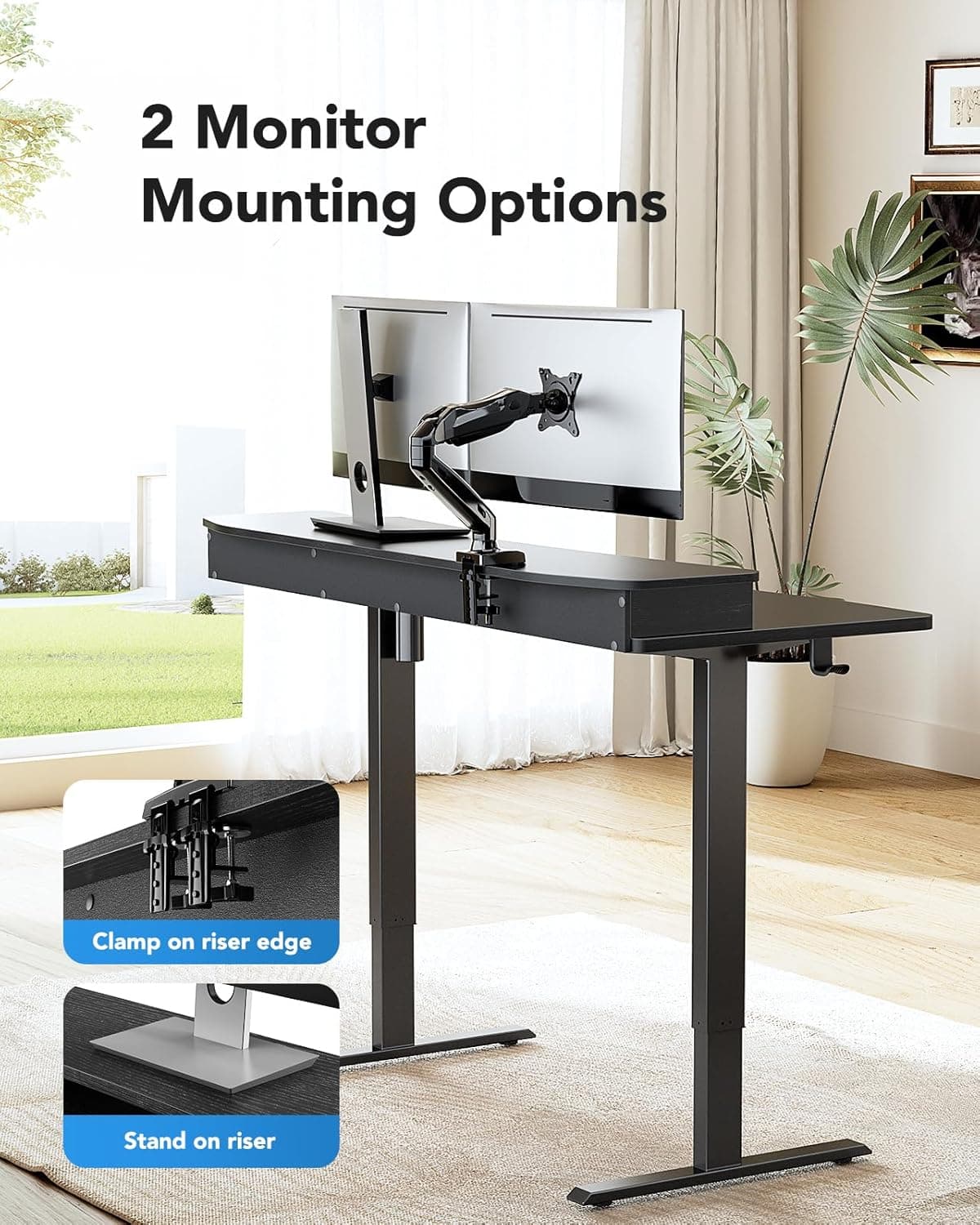 HUANUO 48″ x 24″ Electric Standing Desk with 2 Drawers, C-Clamp Mount Compatible, Height Adjustable Computer Desk, Home Office Stand Up Desk with 4 Preset Heights & 2 Hooks, Black Black 48" x 24" - Image 4