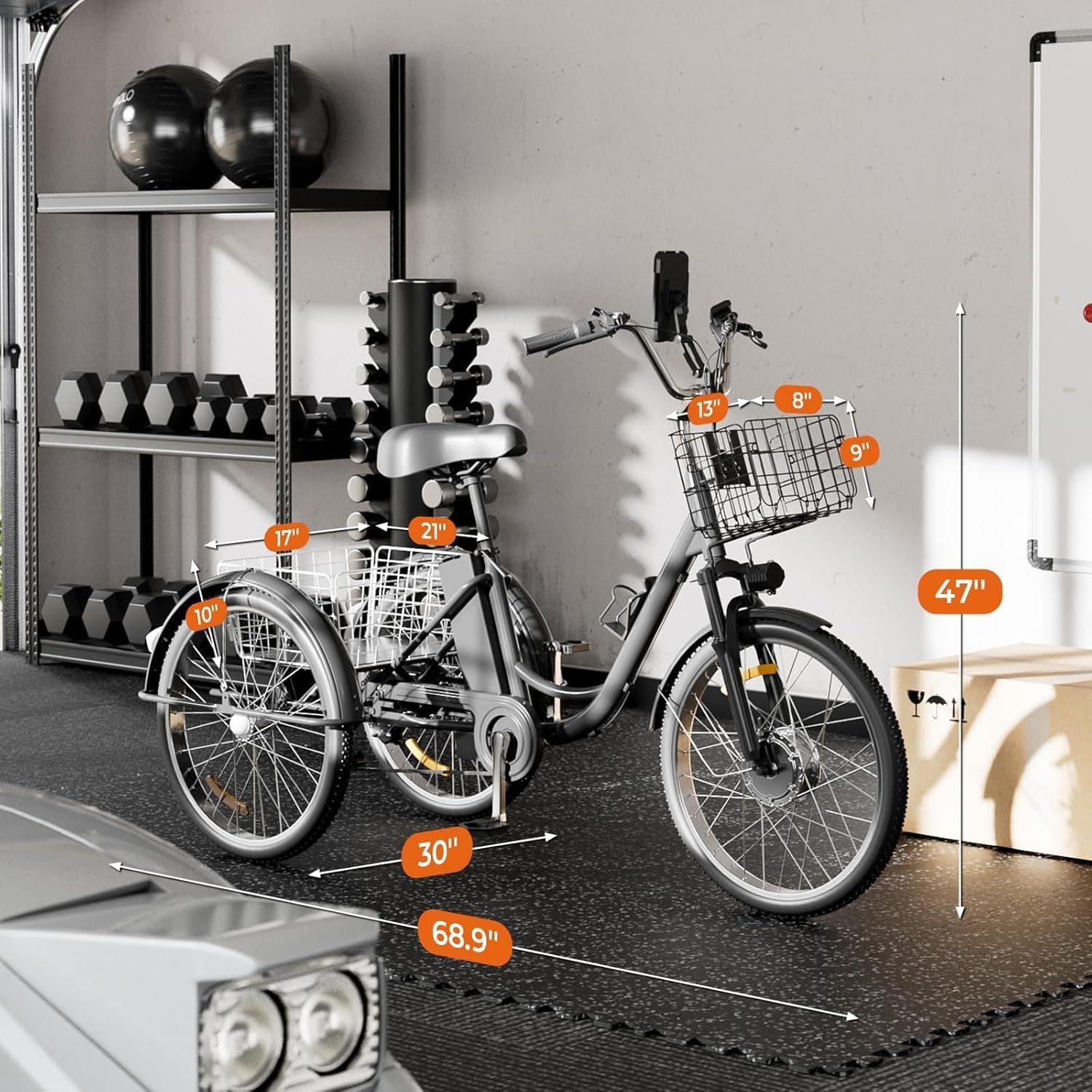 Electric Trike for Adults,24" Tire Etrike,3-Wheel Electric Bicycle with Removable 48V/13Ah Battery,Electric Tricycle with Front & Rear Large Cargo Basket,Black - Image 9