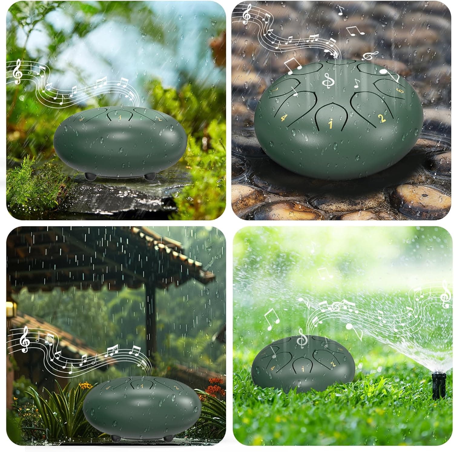 Rain Drum for Outside Garden, 6 Inches 8 Notes Steel Tongue Chakra Drums, Waterproof Meditation Rain Chime, Musical Instruments for Adult Gift with Bag, Music Book, Drum Mallets (Green) 6 Inches Green - Image 5