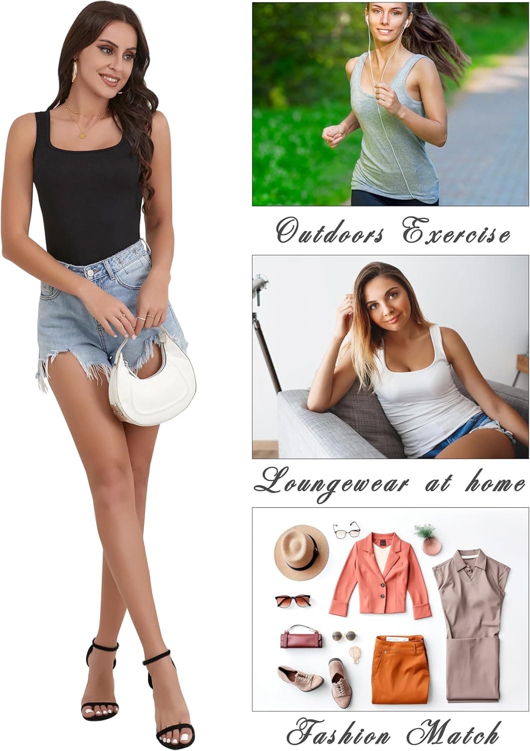 BQTQ 5 Pack Women's Tank Tops Square Neck Sleeveless Ladies Tank Top Undershirts Large Black, White, Gray, Darkred，navy - Image 7