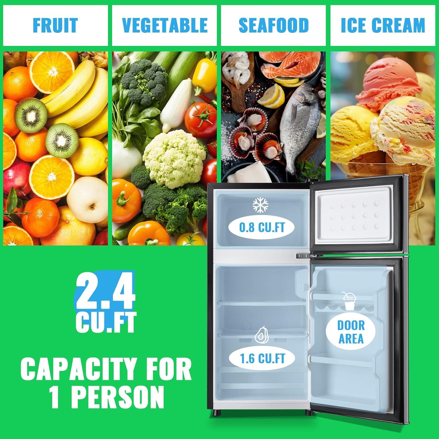 2.4 Cu.Ft Mini Fridge with Freezer & Double Door Small Tiny Size Refrigerator with 7 Temperature Control Knob Only Suitable for One Person Use Black - Image 3