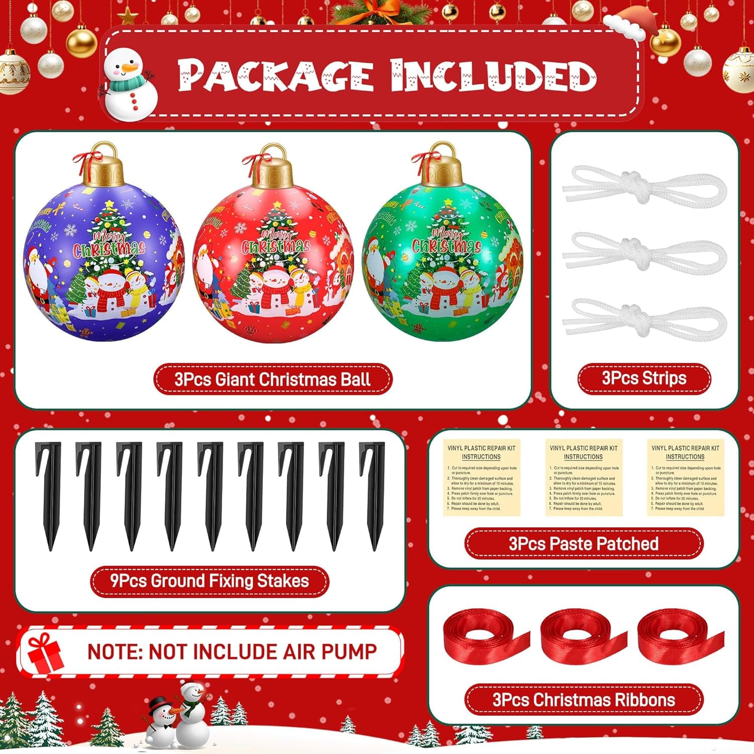 3 Pcs 24 Inch Giant Inflatable Christmas Balls, Large Outdoor Christmas PVC Ornaments, Big Ball Decorations for Yard Outside in Winter Holiday - Image 3