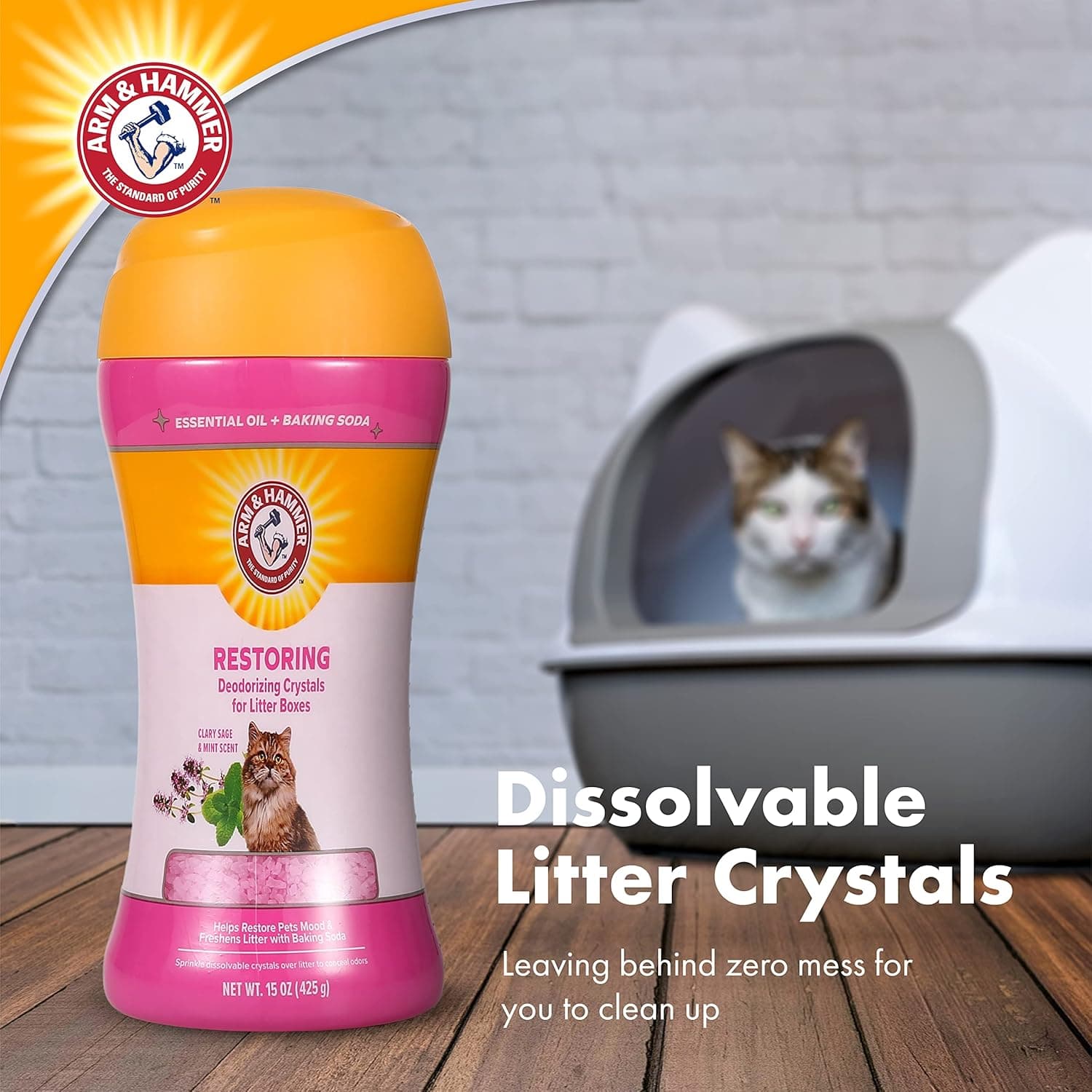 Arm & Hammer Restoring Cat Litter Box Deodorizing Crystals, Clary Sage & Mint Scent - Cat Smell Eliminator for Home, Odor Control, Cat Litter Crystals, Cat Essentials, 15 Ounce Restoring - Clary Sage & Mint 15 Ounce (Pack of 1) - Image 5