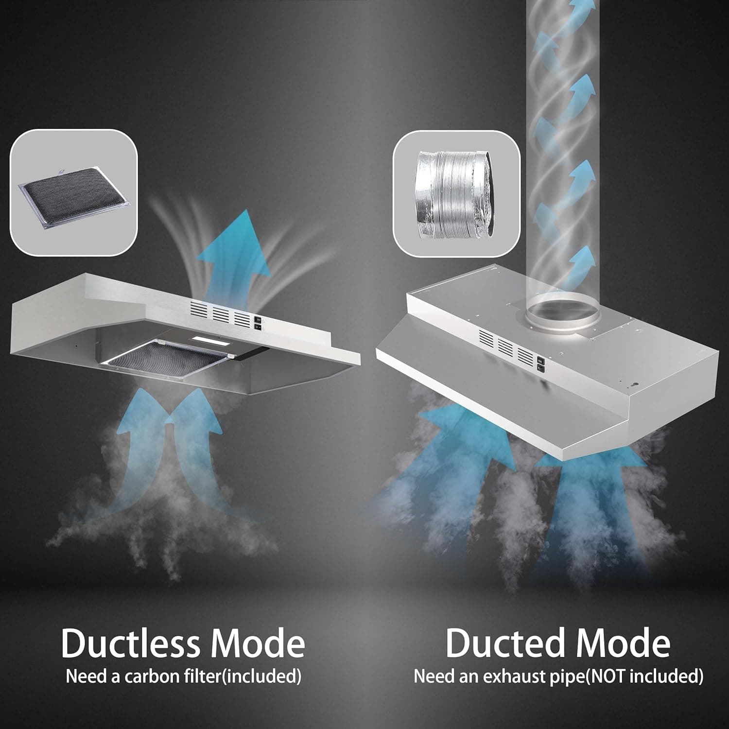 SNDOAS 30 inch Range Hood Ducted/Ductless Convertible Stainless Steel Range Hood Under Cabinet with Rocker Button Control,Vent Hood with LED Light,2 Speed Exhaust Fan,Under Cabinet Hood,Silver Silver 30" - Image 5