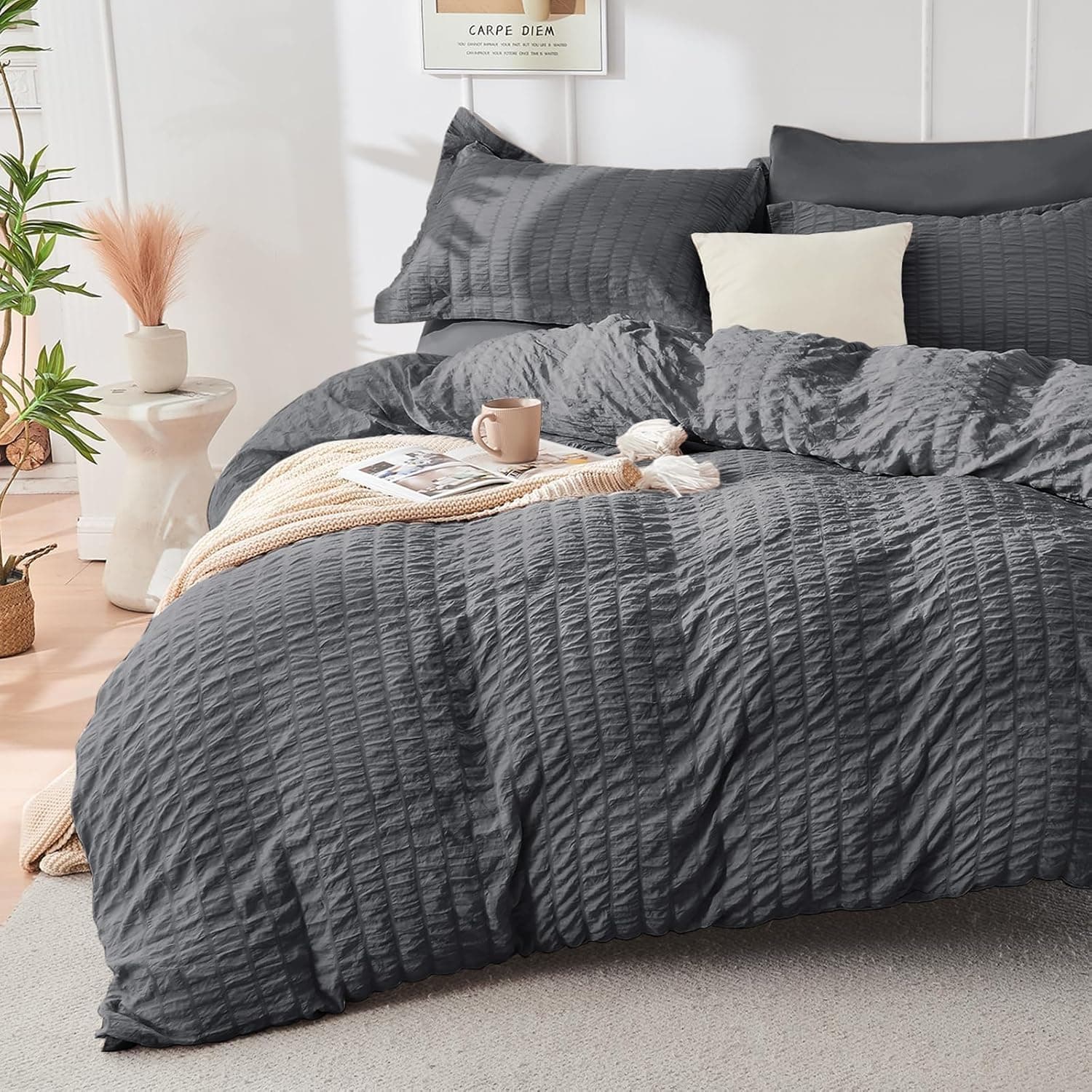 HYMOKEGE Queen Comforter Set Seersucker 7 Pieces, All Season Luxury Bed in a Bag for Bedroom, Bedding Set with Comforters, Sheets, Pillowcases & Shams, Dark Grey Queen(88"x 88") Dark Grey - Image 3