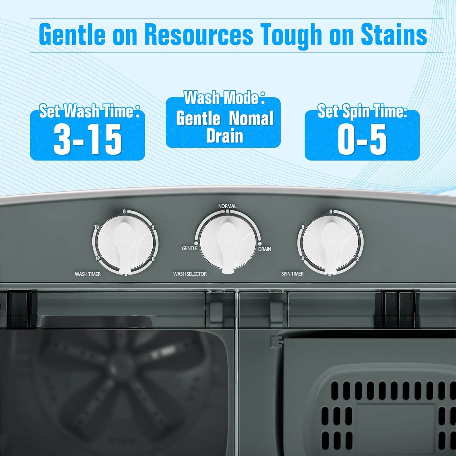 INTERGREAT Portable Washing Machine with Longer Hose, Twin Tub Washer Mini Compact Laundry Machine with Drain Pump, 16lbs Portable Washer Dryer Combo for Dorms, Apartments, Grey Grey 16lbs - Image 7