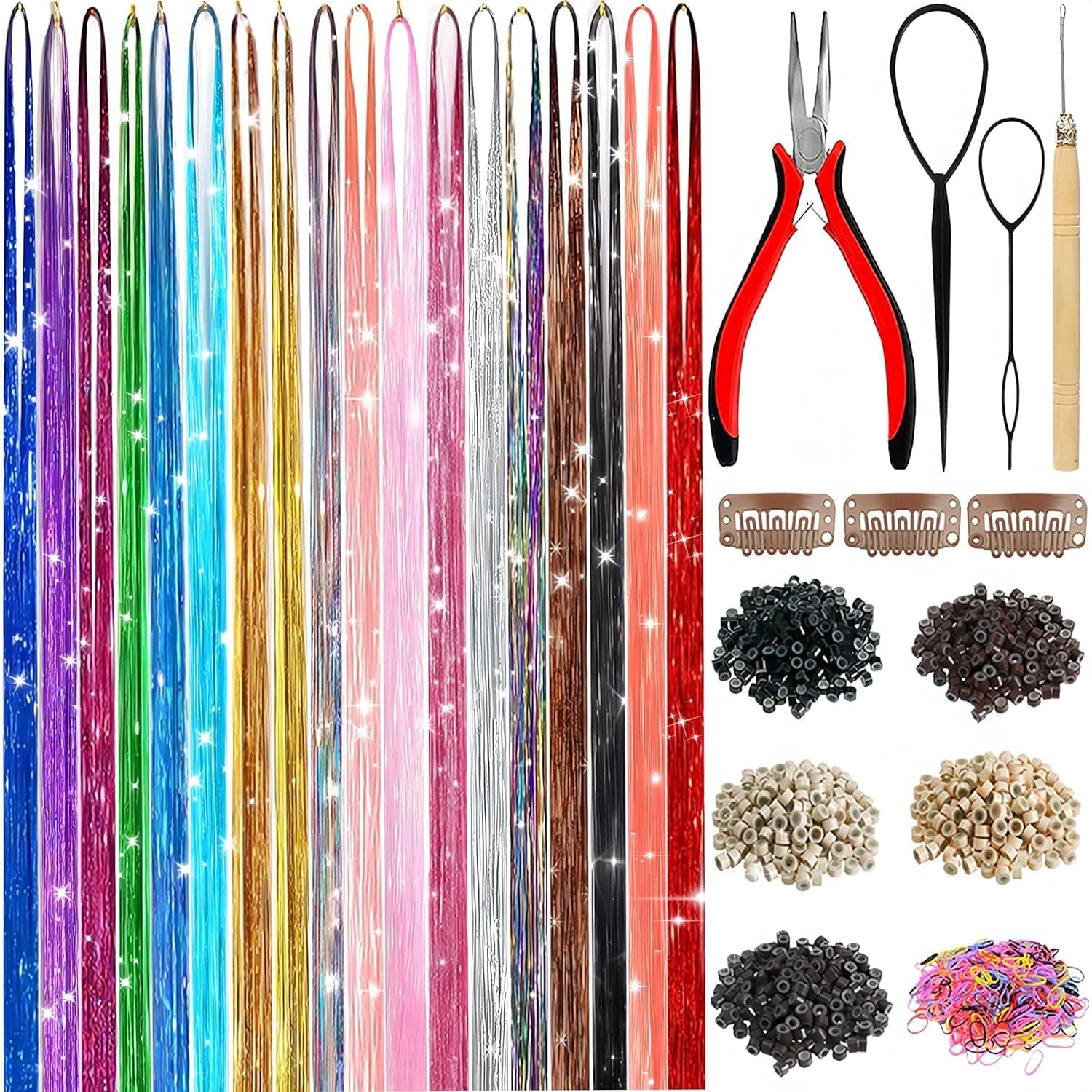 Hair Tinsel,18 Colors Hair Tinsel Kit for Girls 7600 Strands Fairy Tinsel Hair Extensions Holographic Hair Tinsel Heat Resistant Colored Hair Glitter Christmas Party Festival (18 Colors) - Image 2